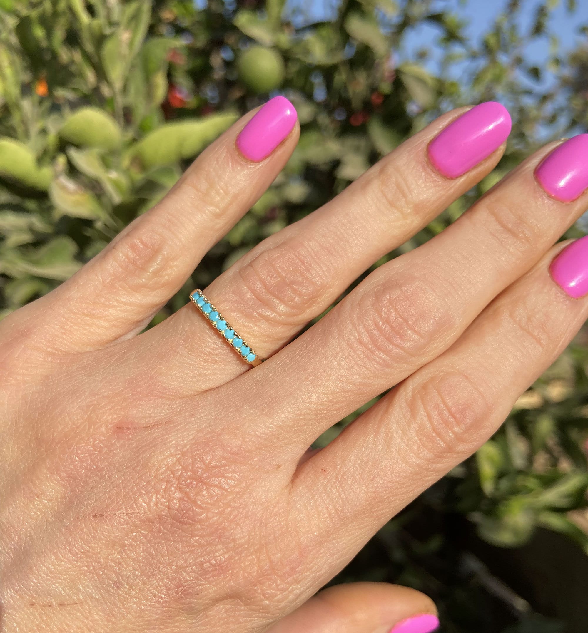 Round Blue Turquoise Nine Stone Half Eternity Stacking Ring - H.L.Jewelry