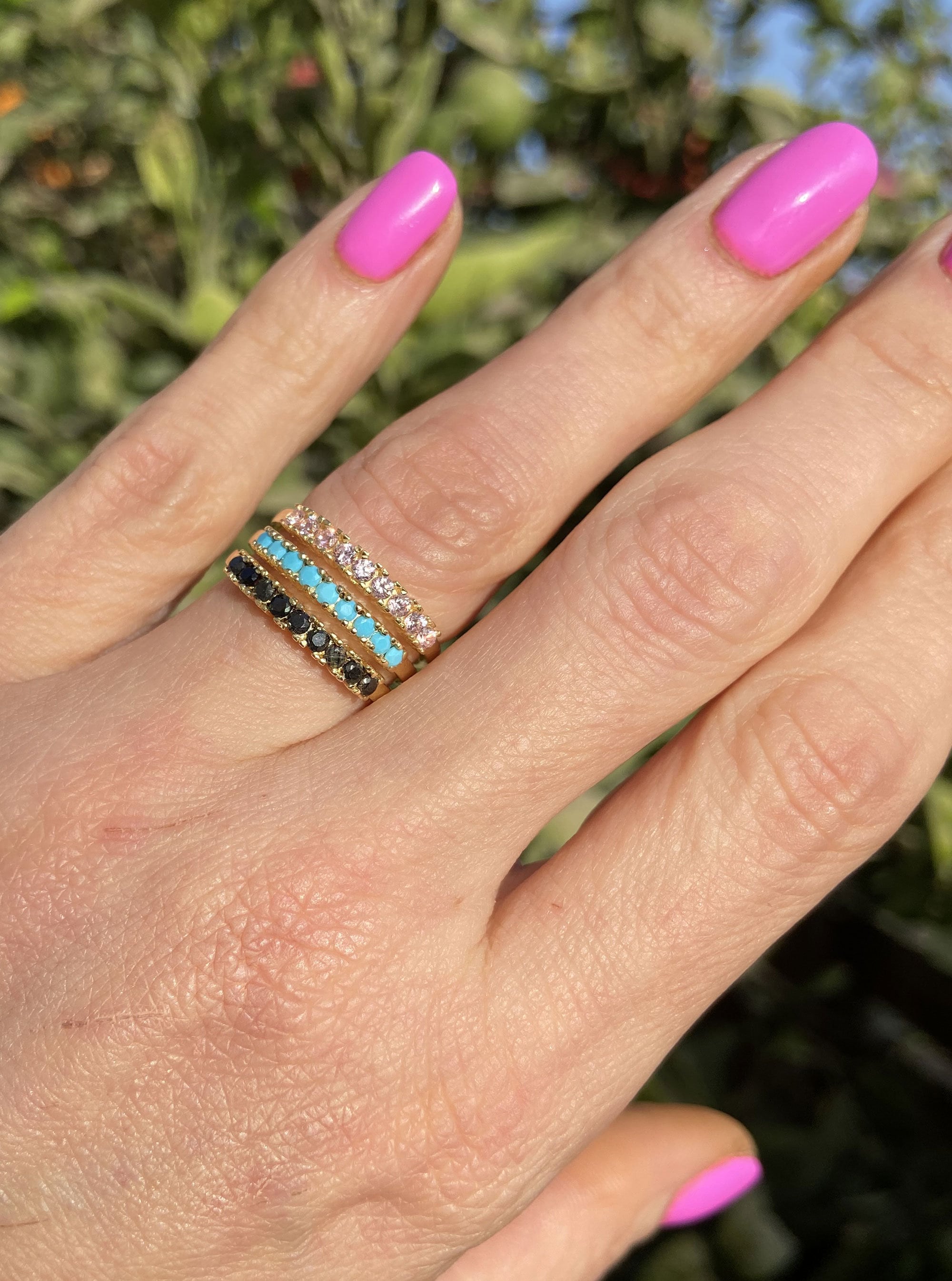 Round Blue Turquoise Nine Stone Half Eternity Stacking Ring - H.L.Jewelry