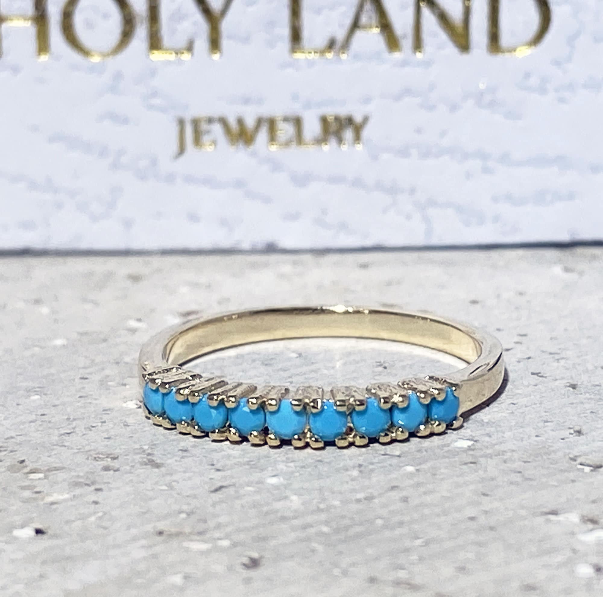 Round Blue Turquoise Nine Stone Half Eternity Stacking Ring - H.L.Jewelry