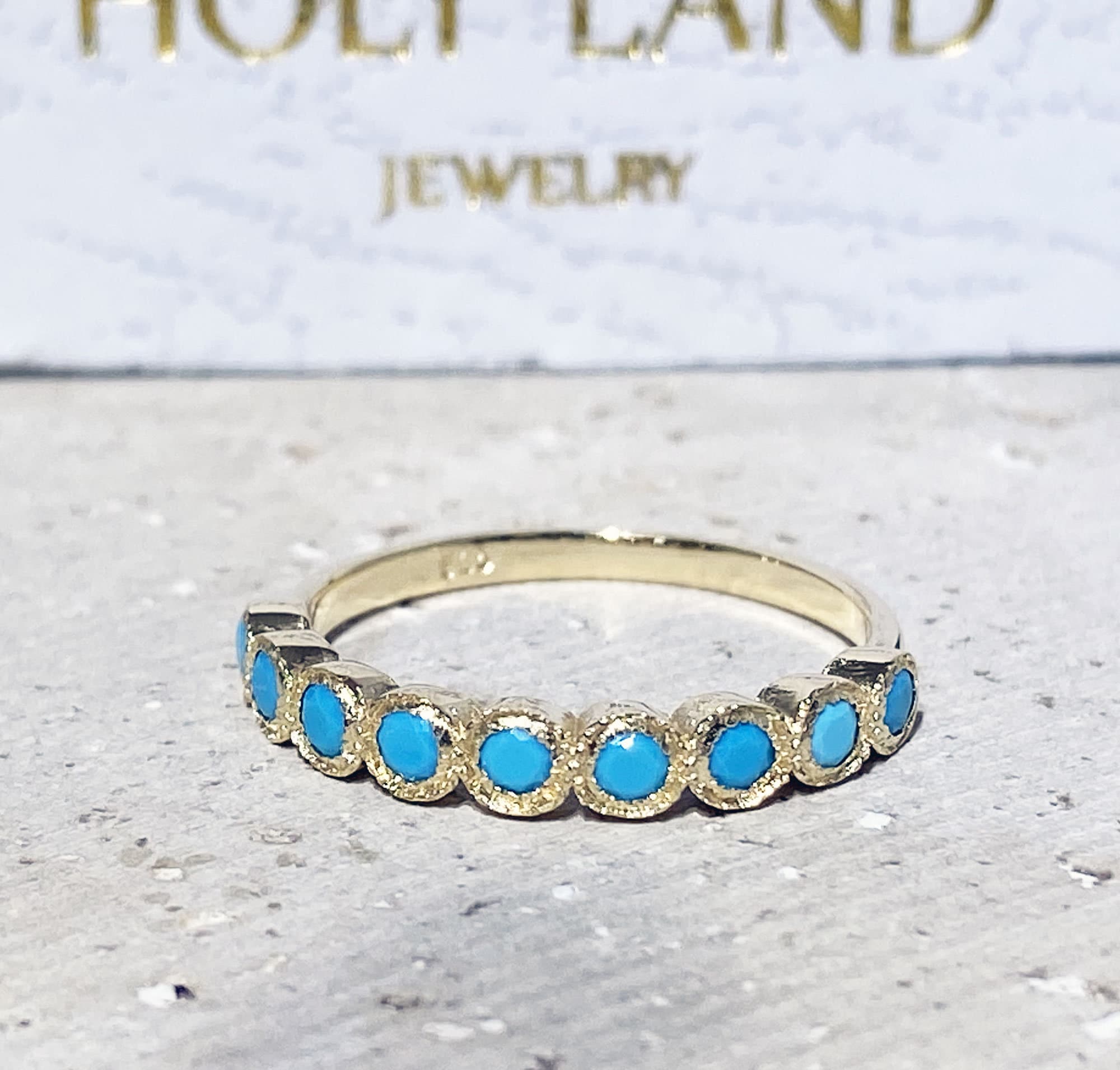 Round Blue Turquoise Nine Stone Stacking Half Eternity Bezel Ring - H.L.Jewelry