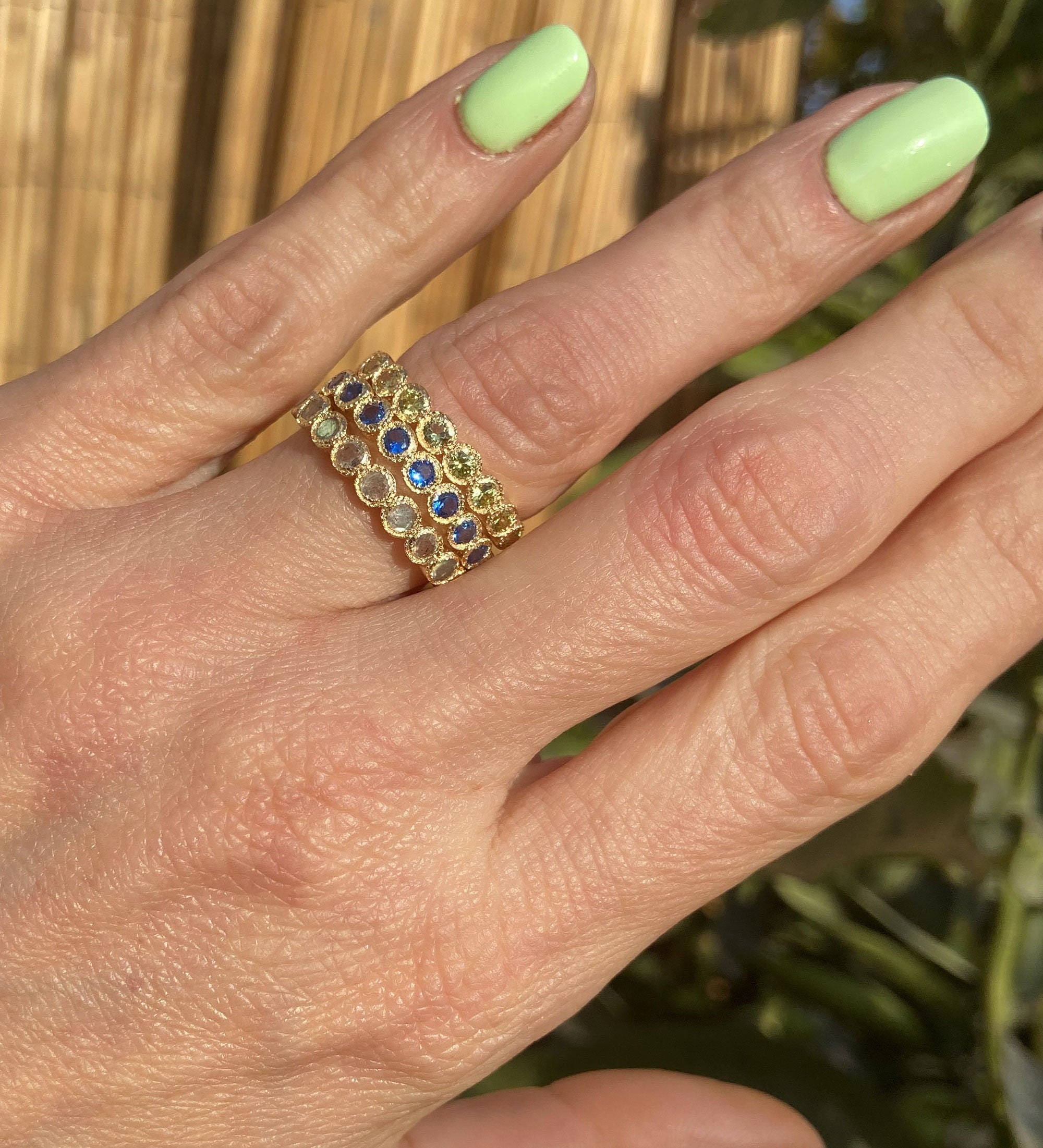 Round Blue Turquoise Nine Stone Stacking Half Eternity Bezel Ring - H.L.Jewelry