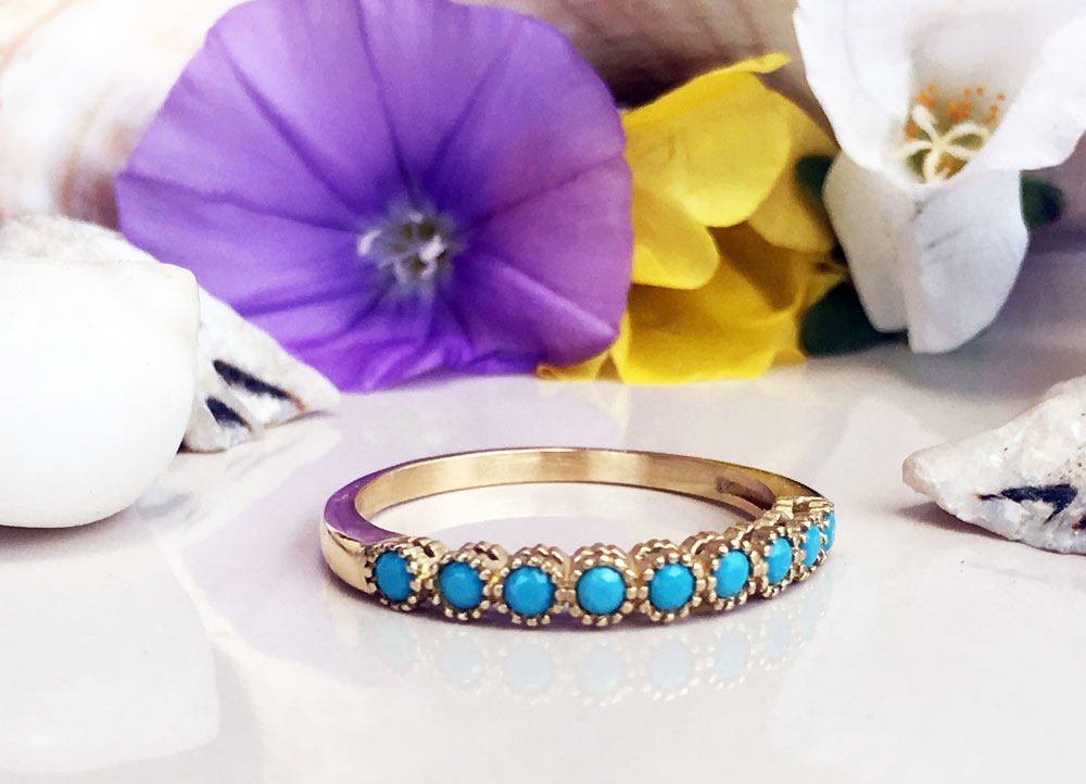 Round Blue Turquoise Nine Stone Stacking Half Eternity Bezel Ring - H.L.Jewelry
