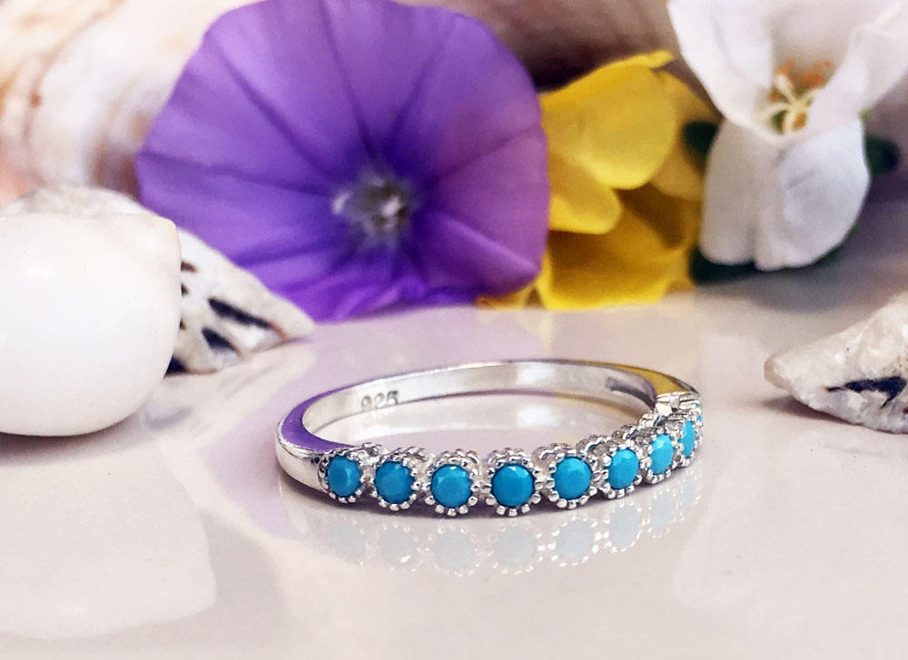 Round Blue Turquoise Nine Stone Stacking Half Eternity Bezel Ring - H.L.Jewelry