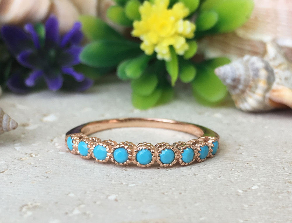 Round Blue Turquoise Nine Stone Stacking Half Eternity Bezel Ring - H.L.Jewelry