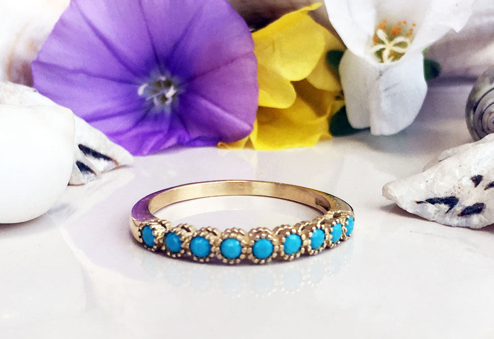 Round Blue Turquoise Nine Stone Stacking Half Eternity Bezel Ring - H.L.Jewelry
