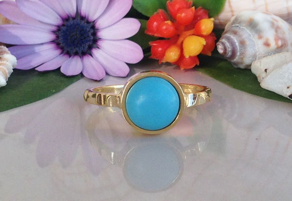 Round Blue Turquoise Simple Hammered Band Ring - H.L.Jewelry