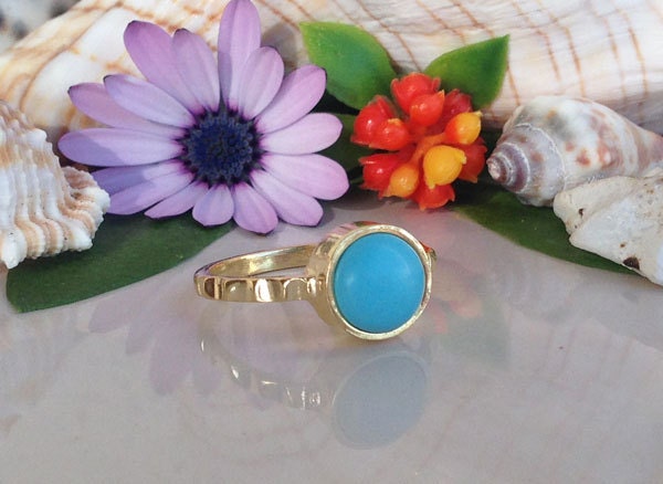 Round Blue Turquoise Simple Hammered Band Ring - H.L.Jewelry