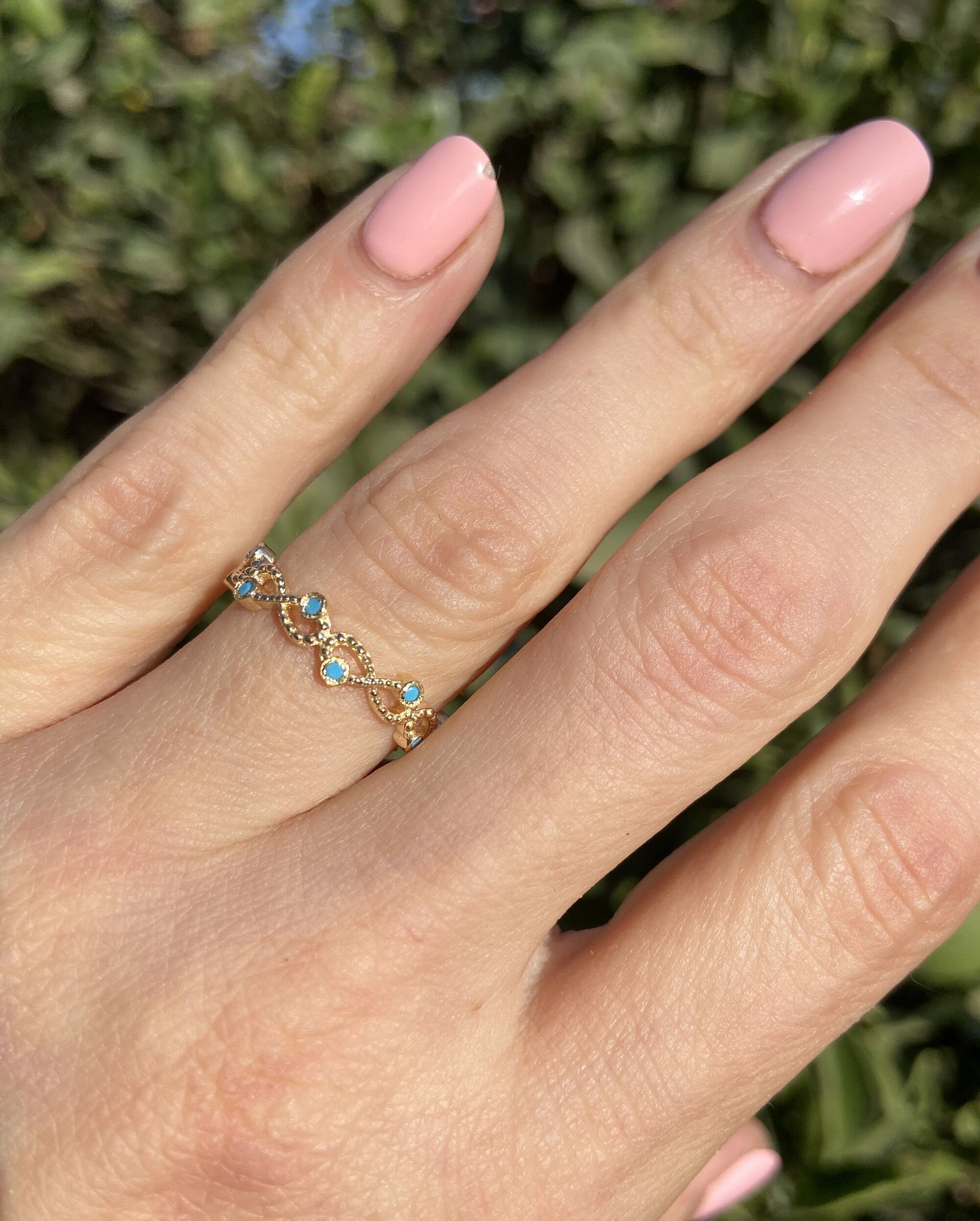 Round Blue Turquoise Ten Stone Infinity Ring - H.L.Jewelry