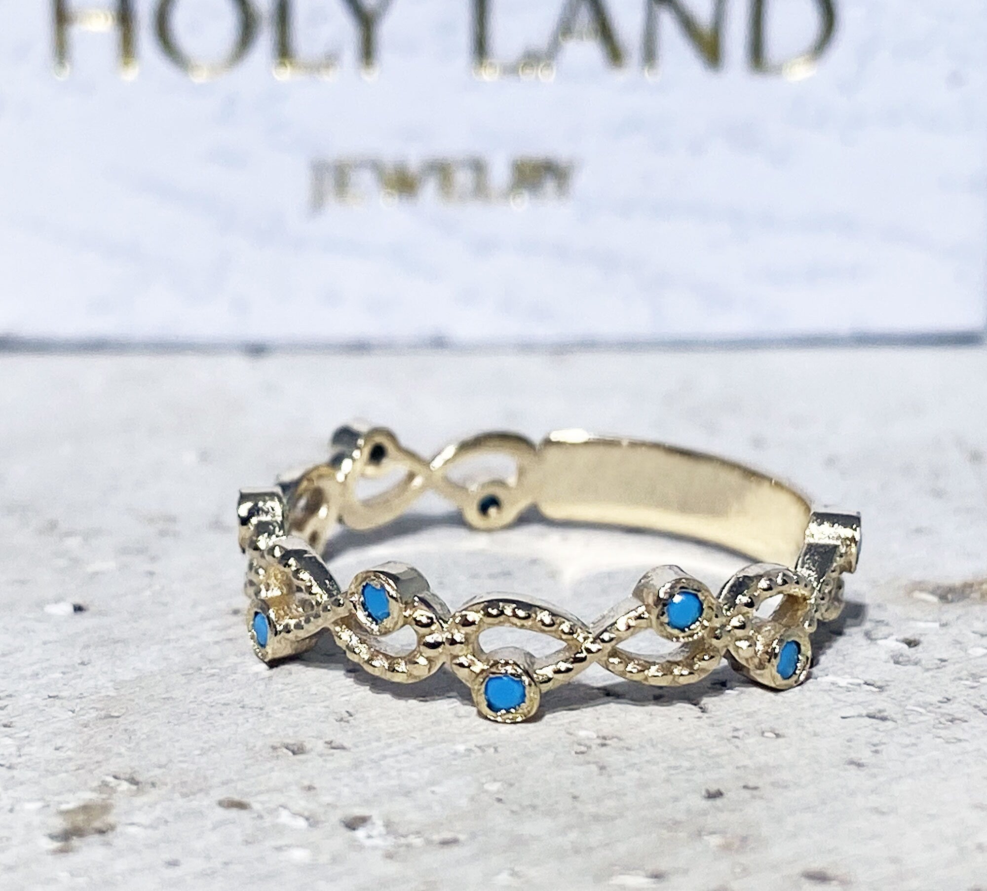 Round Blue Turquoise Ten Stone Infinity Ring - H.L.Jewelry