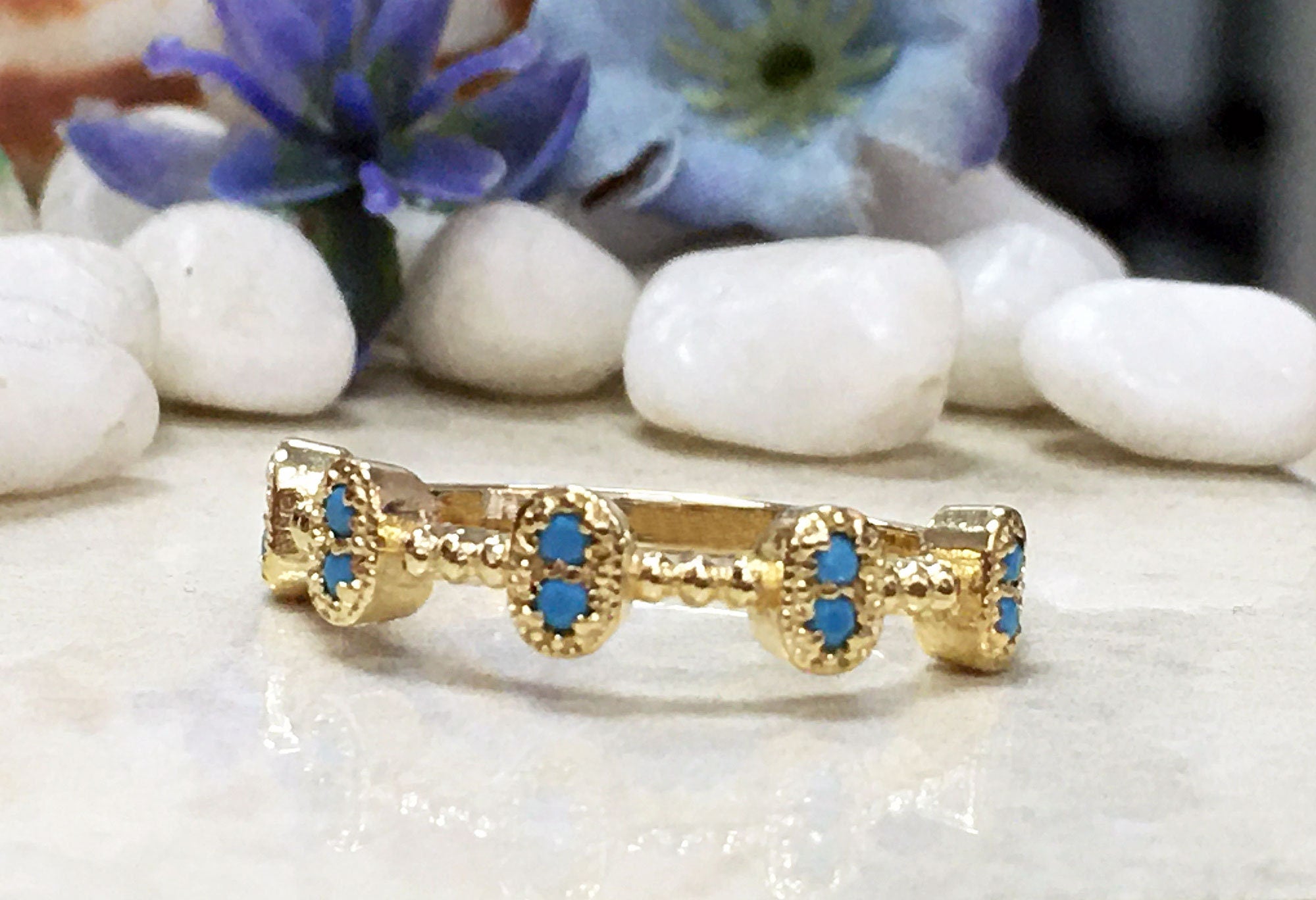 Round Blue Turquoise Ten Stone Modern Bezel Set Ring - H.L.Jewelry