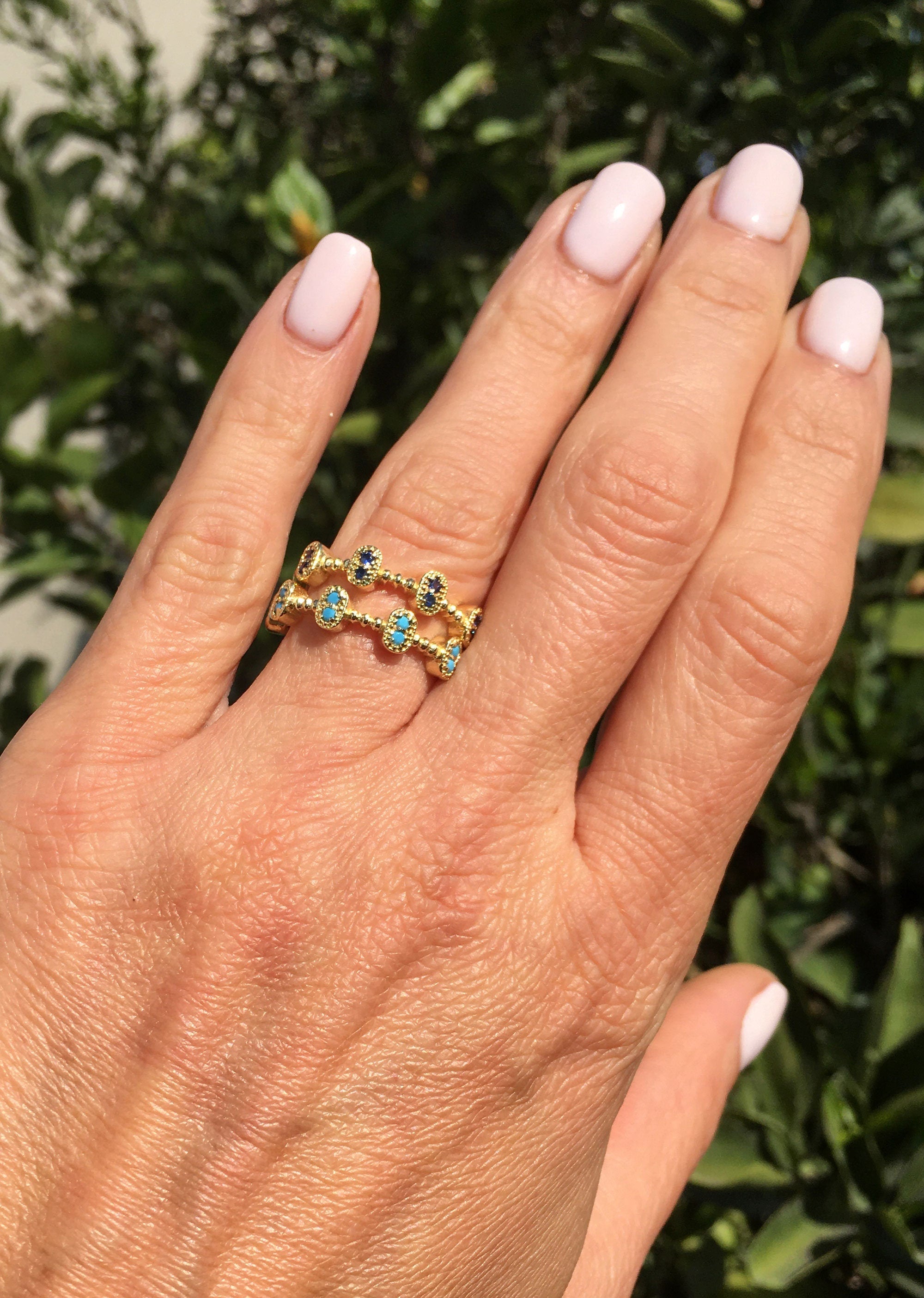 Round Blue Turquoise Ten Stone Modern Bezel Set Ring - H.L.Jewelry