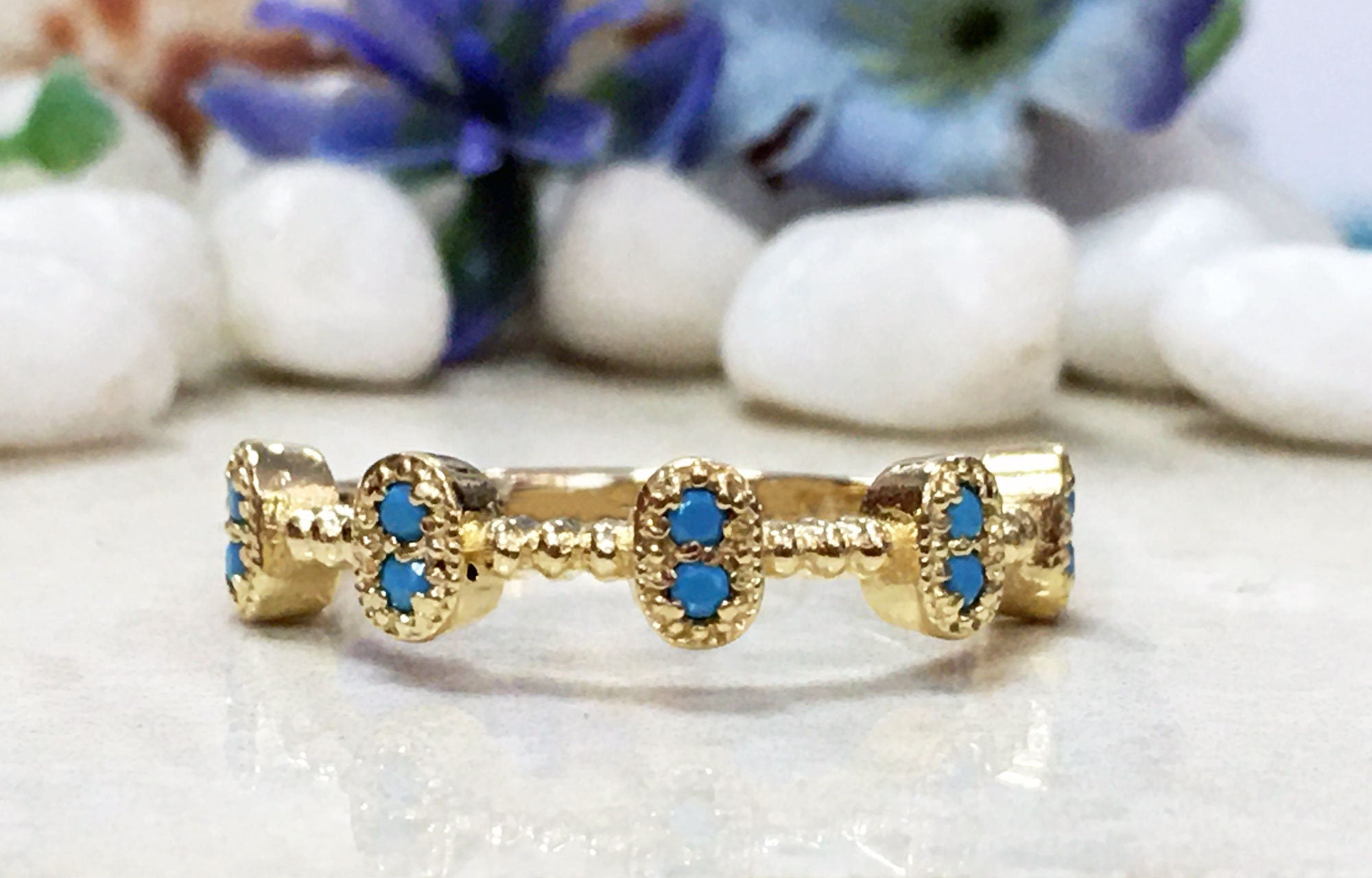 Round Blue Turquoise Ten Stone Modern Bezel Set Ring - H.L.Jewelry