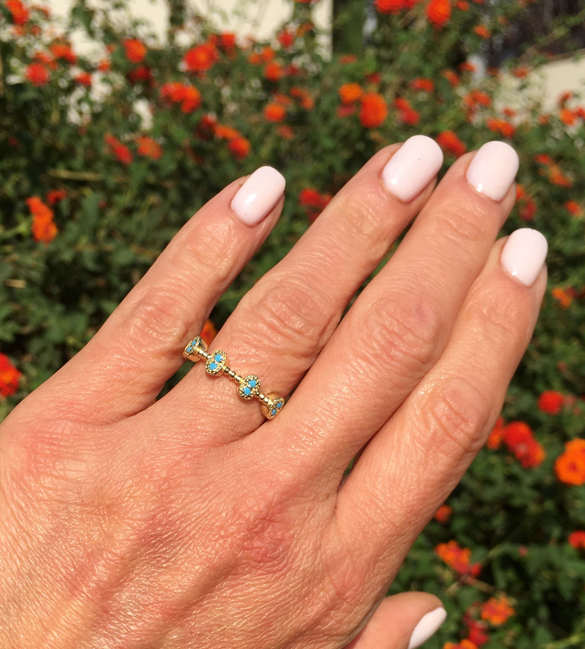 Round Blue Turquoise Ten Stone Modern Bezel Set Ring - H.L.Jewelry