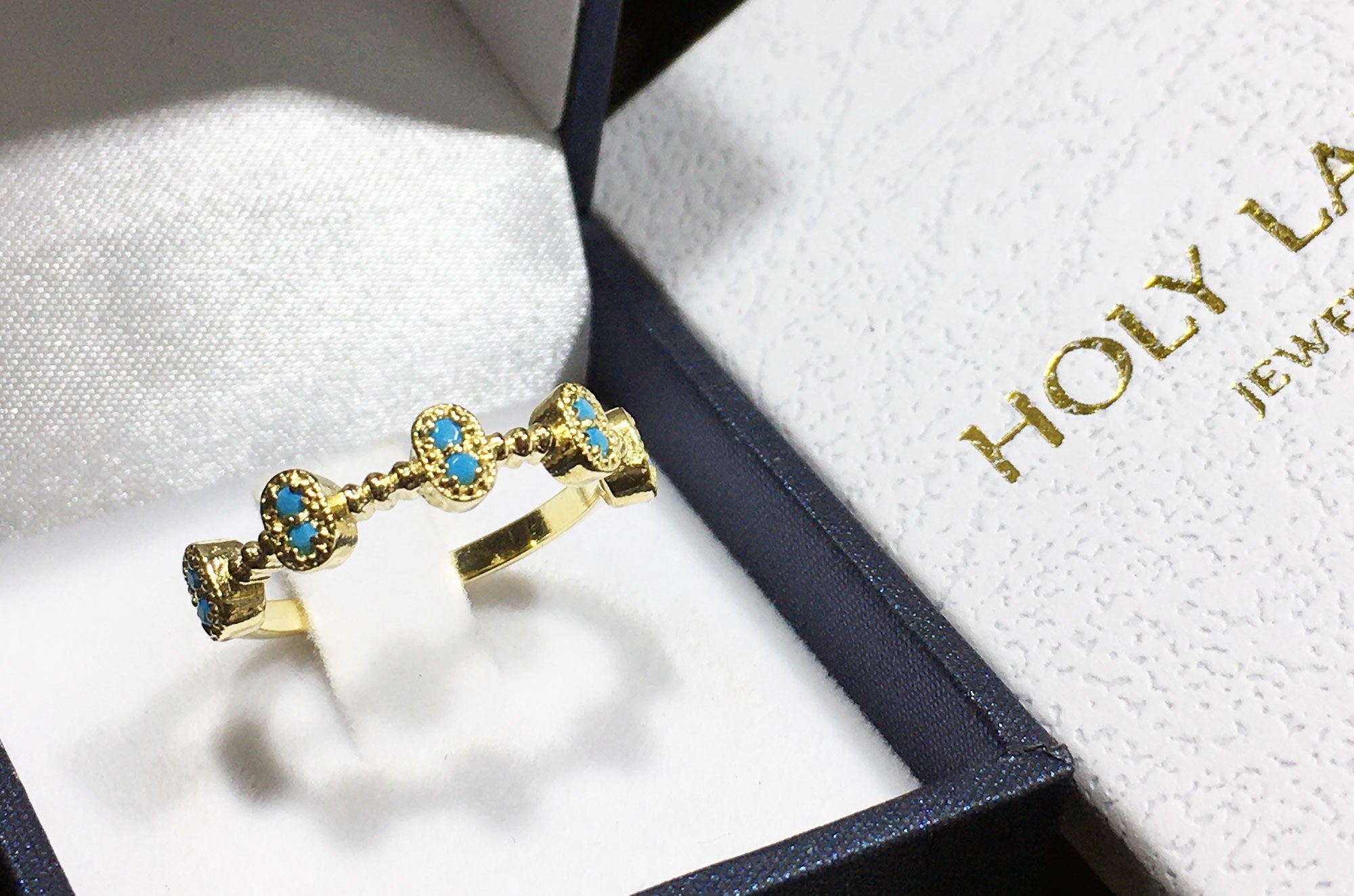 Round Blue Turquoise Ten Stone Modern Bezel Set Ring - H.L.Jewelry