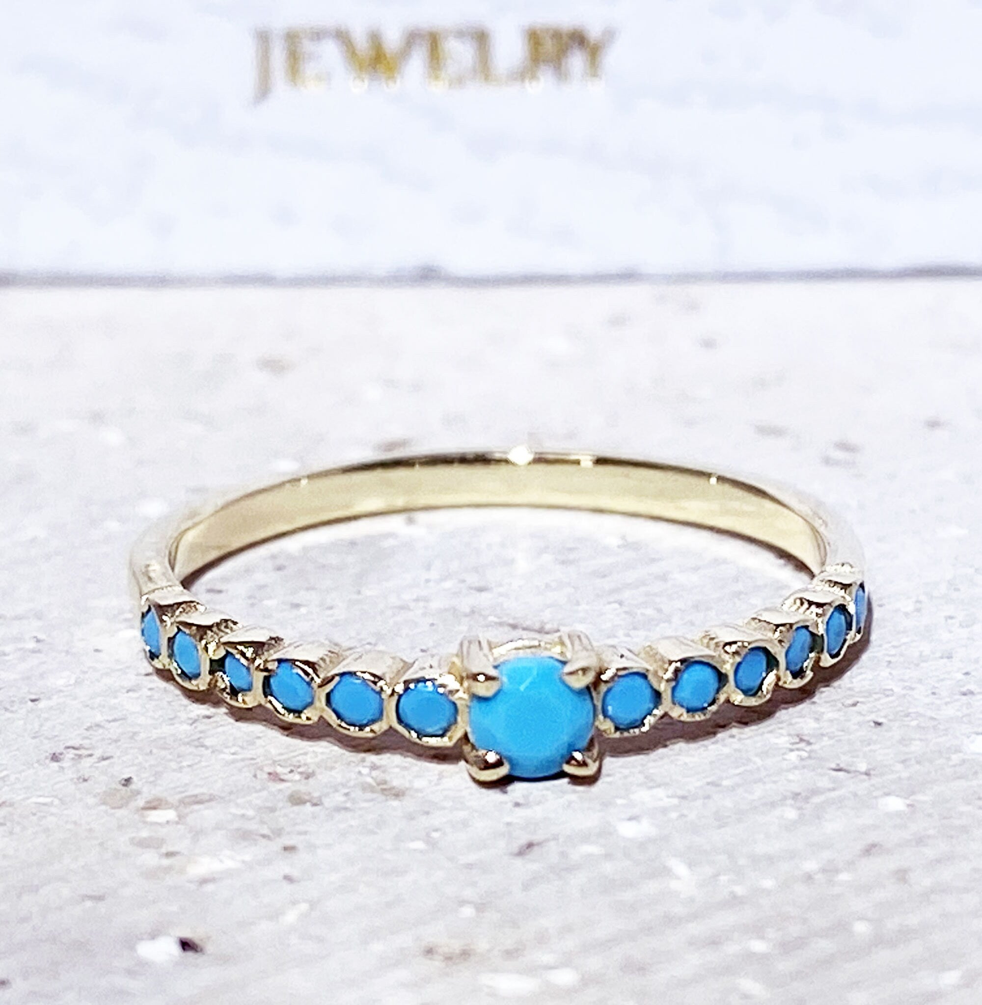 Round Blue Turquoise Thirteen Stone Stacking Half Eternity Ring - H.L.Jewelry