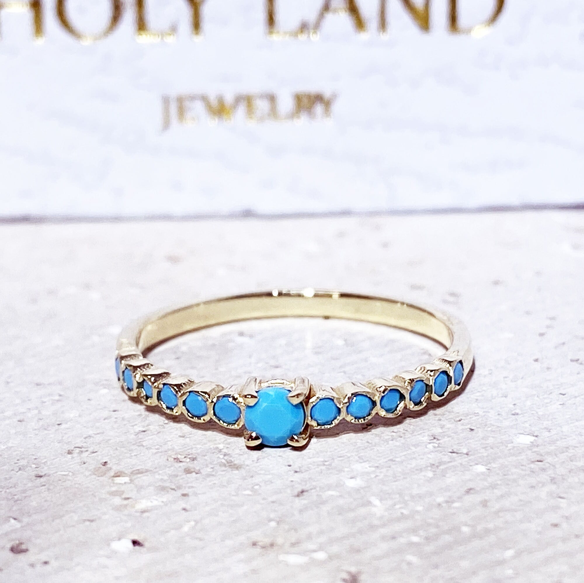 Round Blue Turquoise Thirteen Stone Stacking Half Eternity Ring - H.L.Jewelry