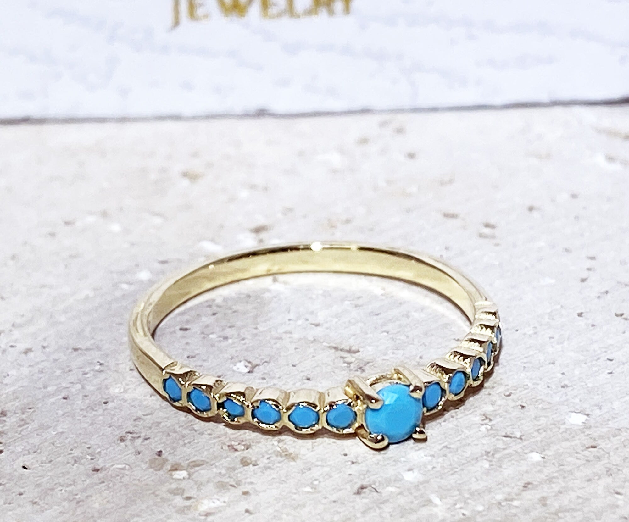 Round Blue Turquoise Thirteen Stone Stacking Half Eternity Ring - H.L.Jewelry