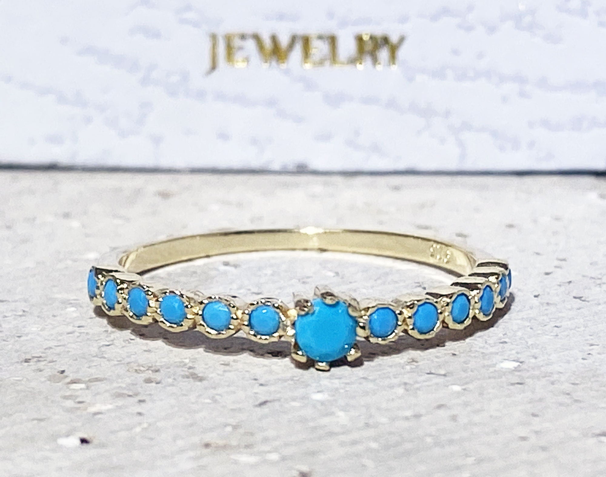 Round Blue Turquoise Thirteen Stone Stacking Half Eternity Ring - H.L.Jewelry