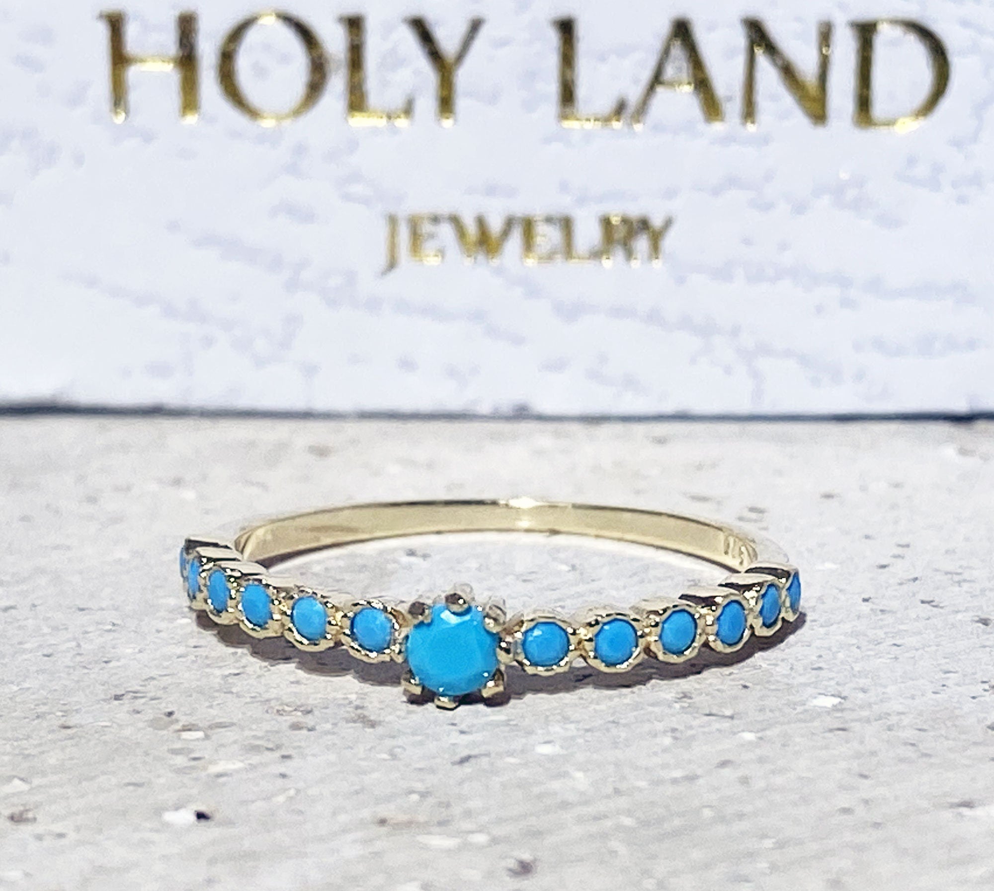 Round Blue Turquoise Thirteen Stone Stacking Half Eternity Ring - H.L.Jewelry