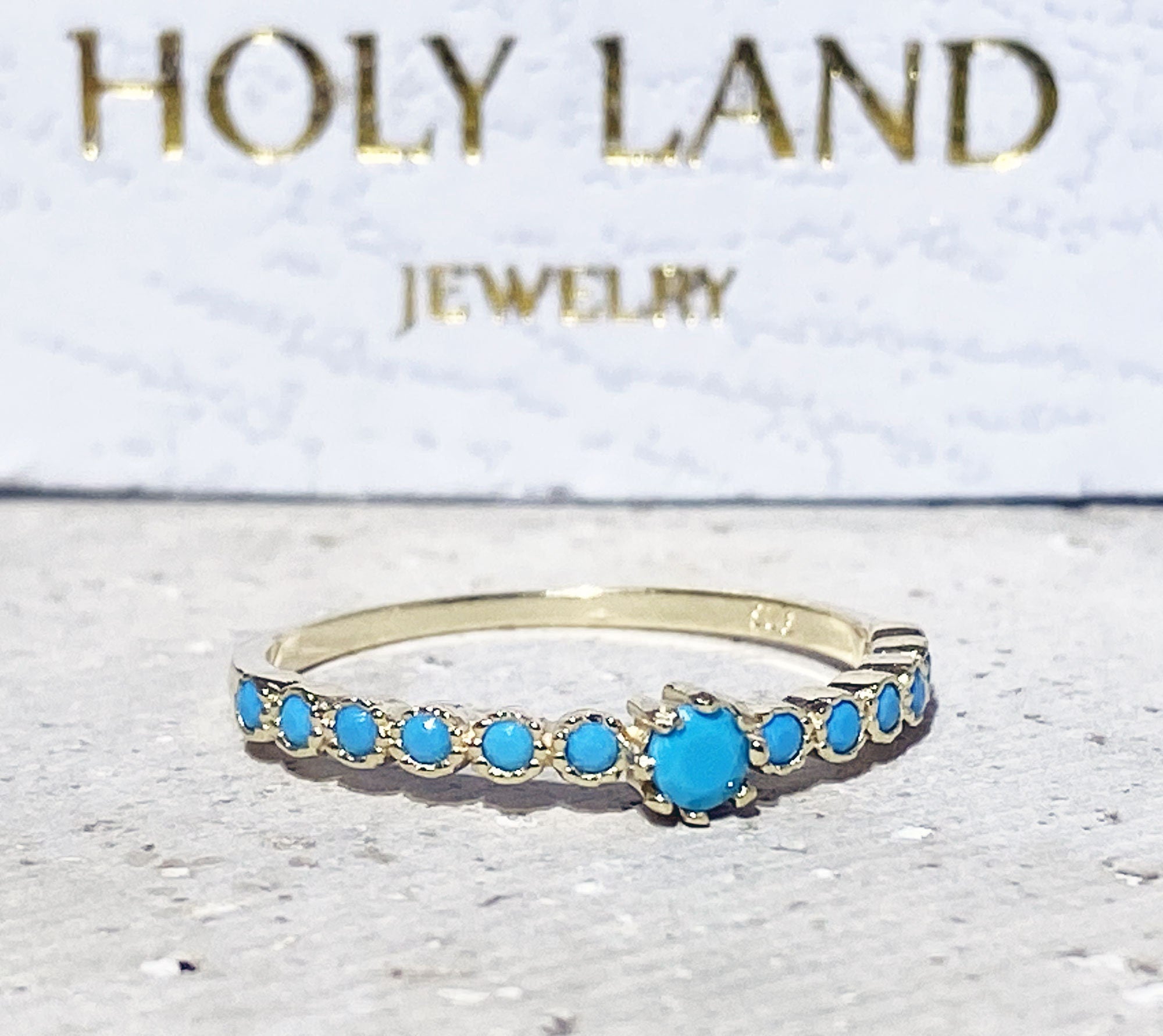 Round Blue Turquoise Thirteen Stone Stacking Half Eternity Ring - H.L.Jewelry
