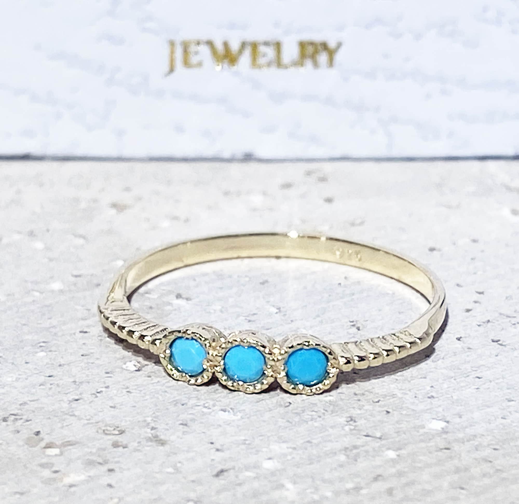 Round Blue Turquoise Three Stone Simple Stackable Ring - H.L.Jewelry
