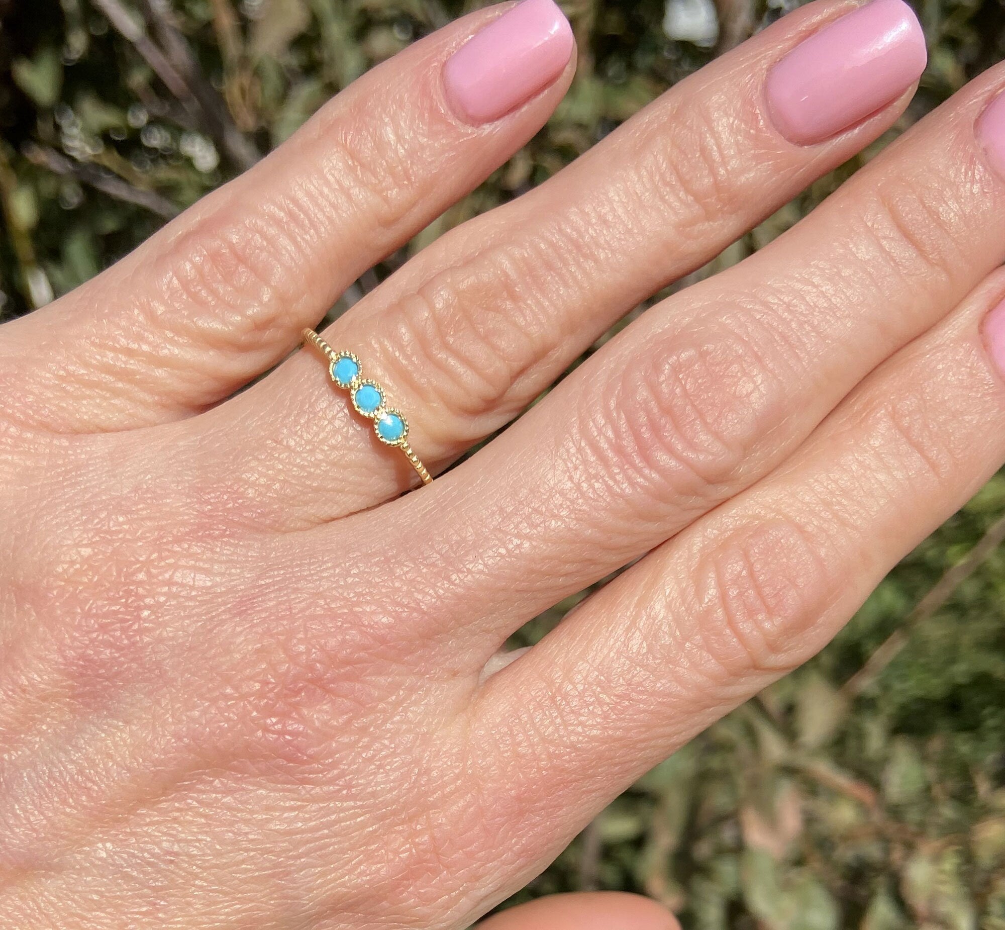 Round Blue Turquoise Three Stone Simple Stackable Ring - H.L.Jewelry