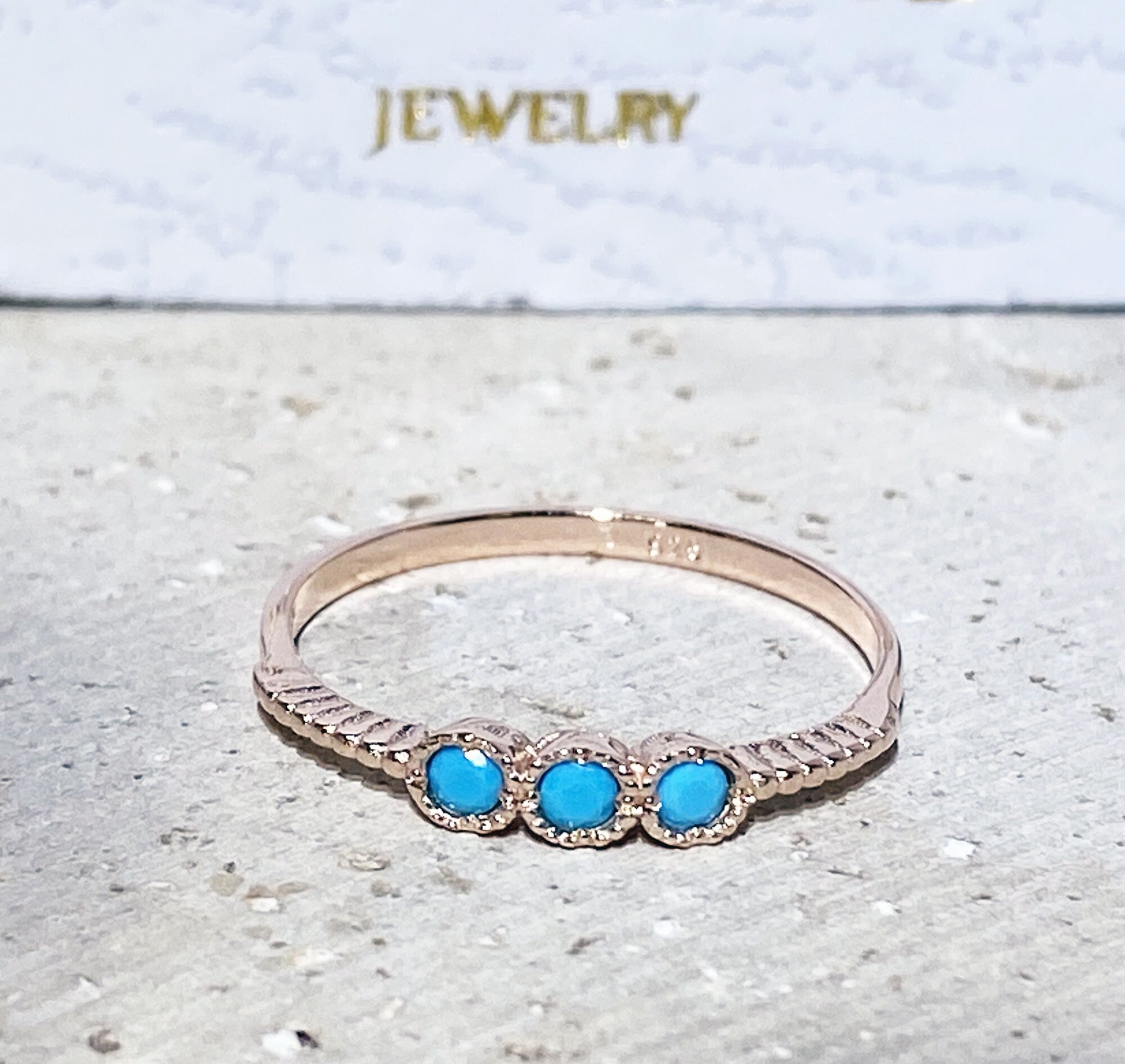 Round Blue Turquoise Three Stone Simple Stackable Ring - H.L.Jewelry