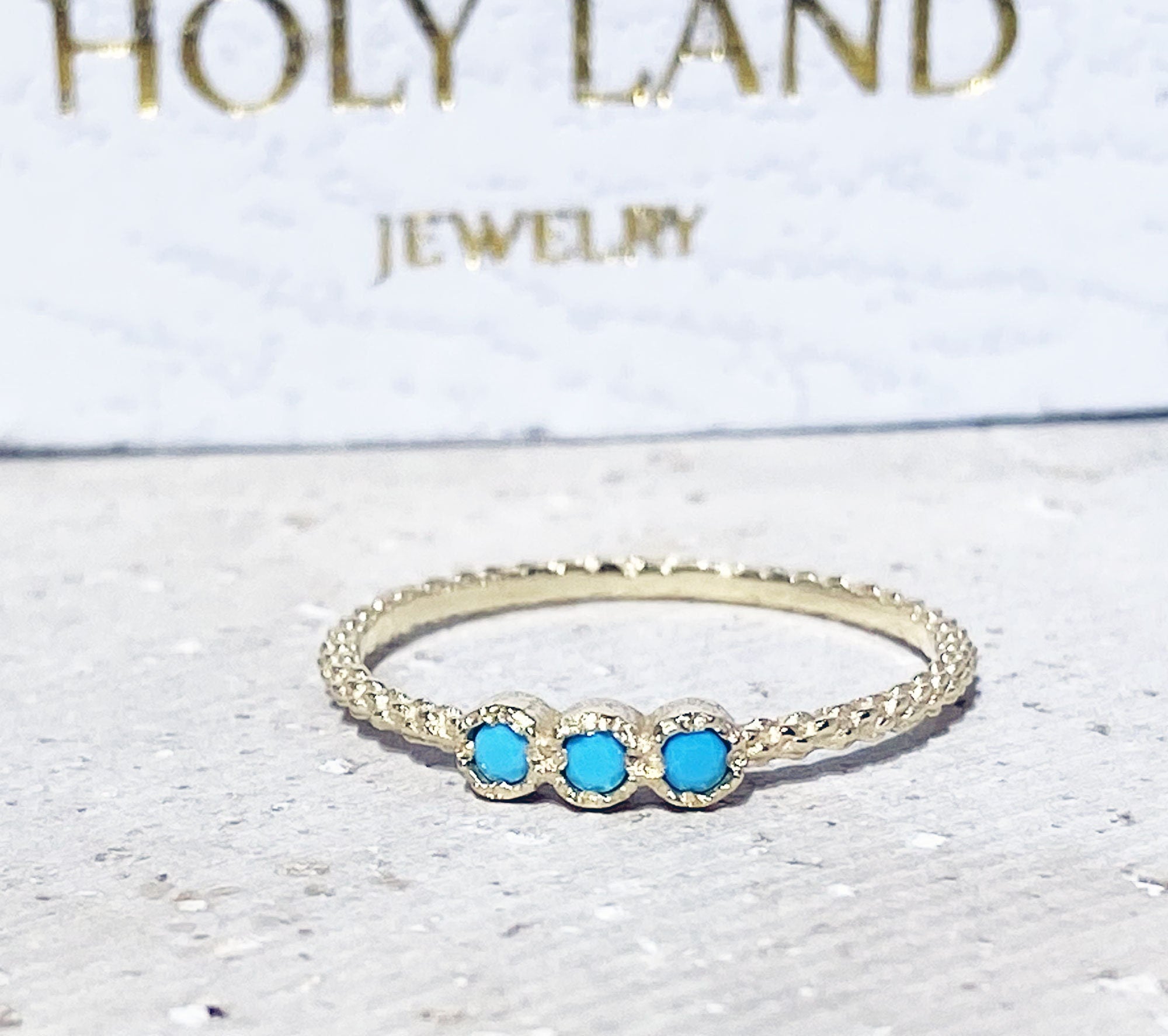 Round Blue Turquoise Three Stone Simple Stacking Ring - H.L.Jewelry