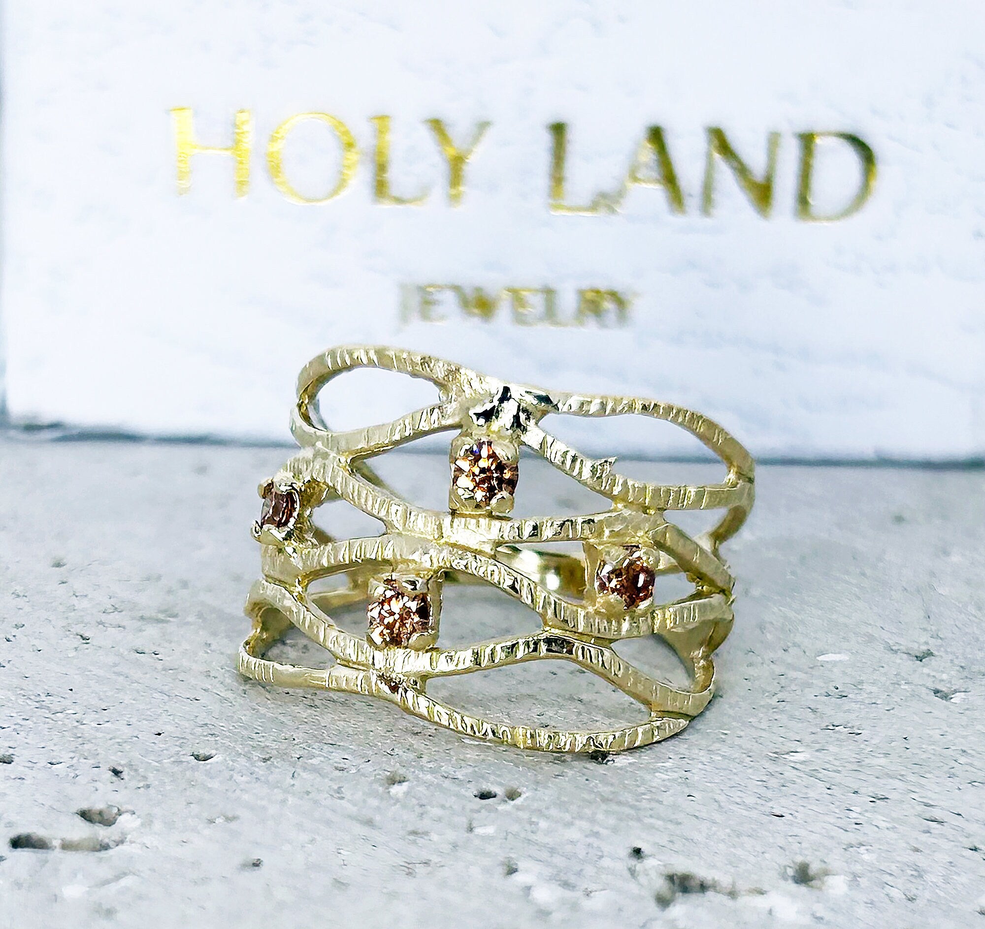 Round Citrine Four Stone Wide Hammered Band Ring - H.L.Jewelry