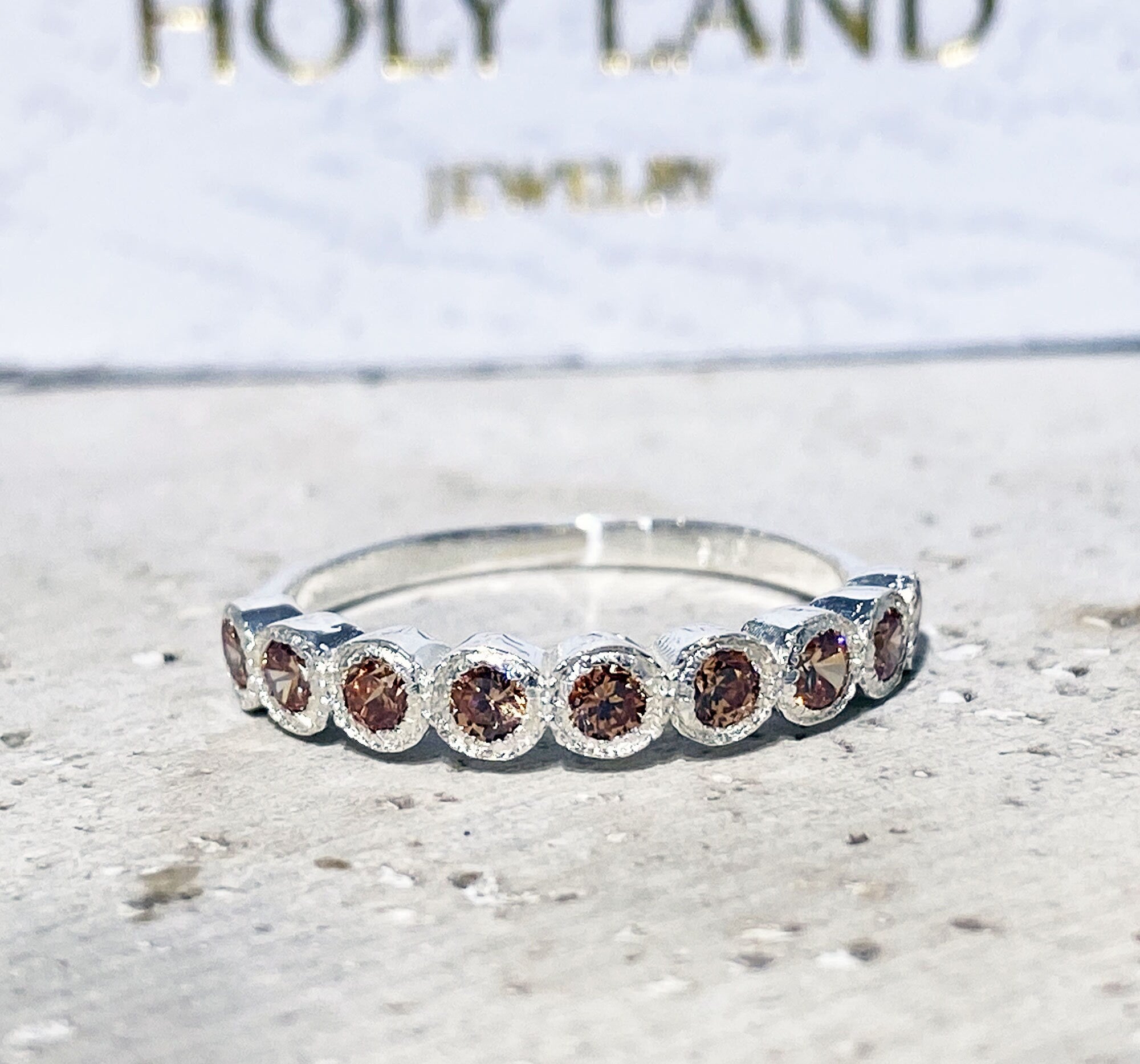 Round Citrine Nine Stone Stacking Half Eternity Bezel Ring - H.L.Jewelry