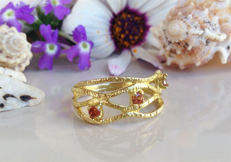 Round Citrine Three Stone Hammered Band Ring - H.L.Jewelry