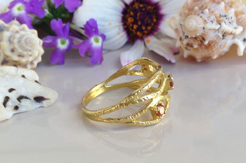 Round Citrine Three Stone Hammered Band Ring - H.L.Jewelry