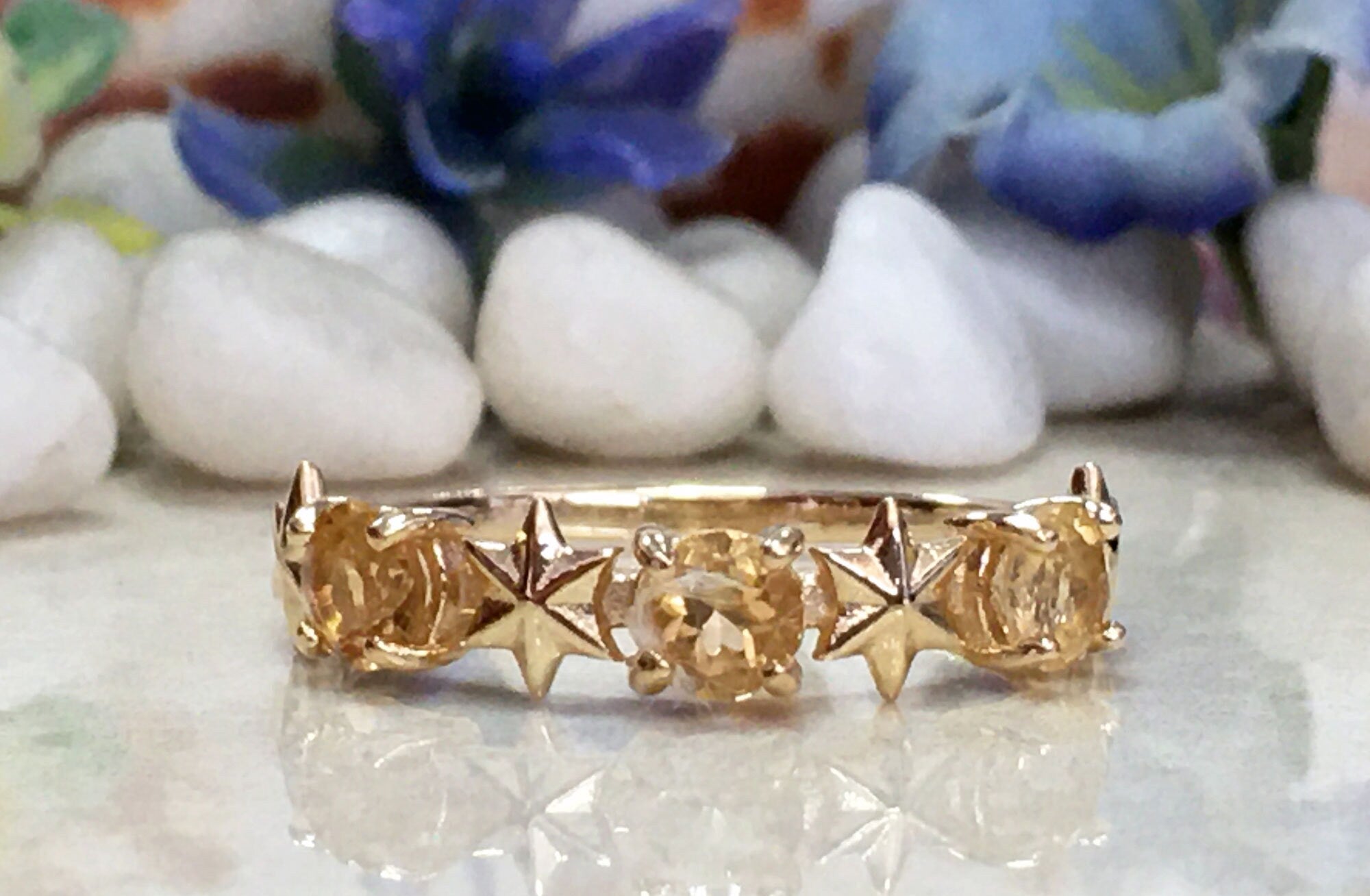 Round Citrine Three Stone Ring with Star Accents - H.L.Jewelry