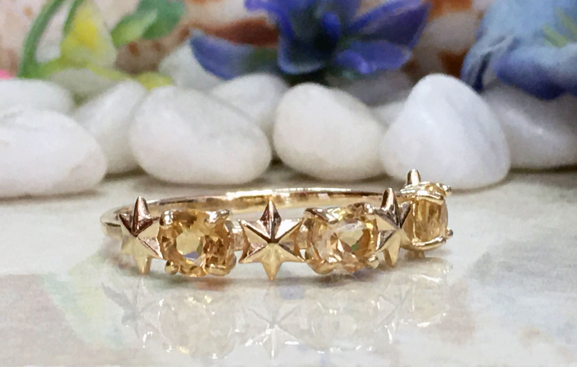 Round Citrine Three Stone Ring with Star Accents - H.L.Jewelry