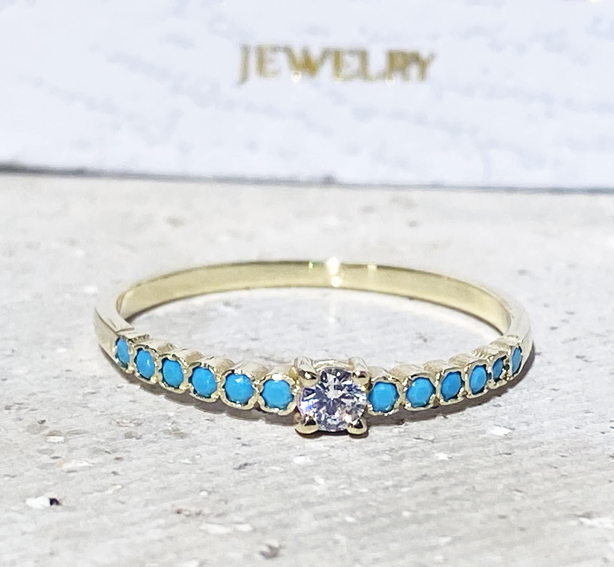 Round Clear Quartz & Blue Turquoise Thirteen-Stone Half Eternity Stacking Ring - H.L.Jewelry