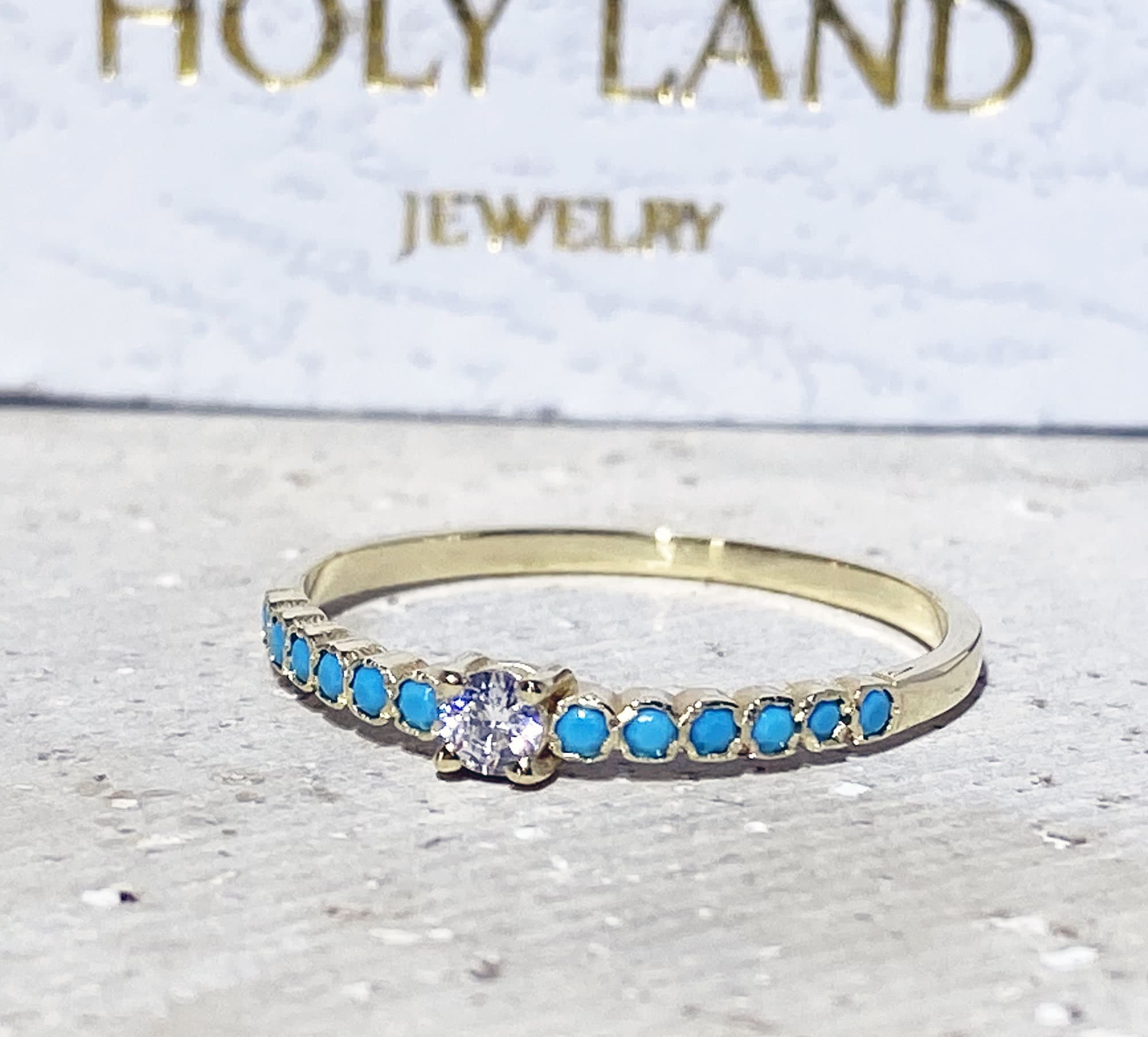 Round Clear Quartz & Blue Turquoise Thirteen-Stone Half Eternity Stacking Ring - H.L.Jewelry