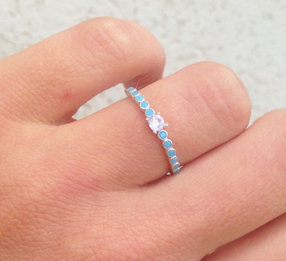 Round Clear Quartz & Blue Turquoise Thirteen-Stone Half Eternity Stacking Ring - H.L.Jewelry
