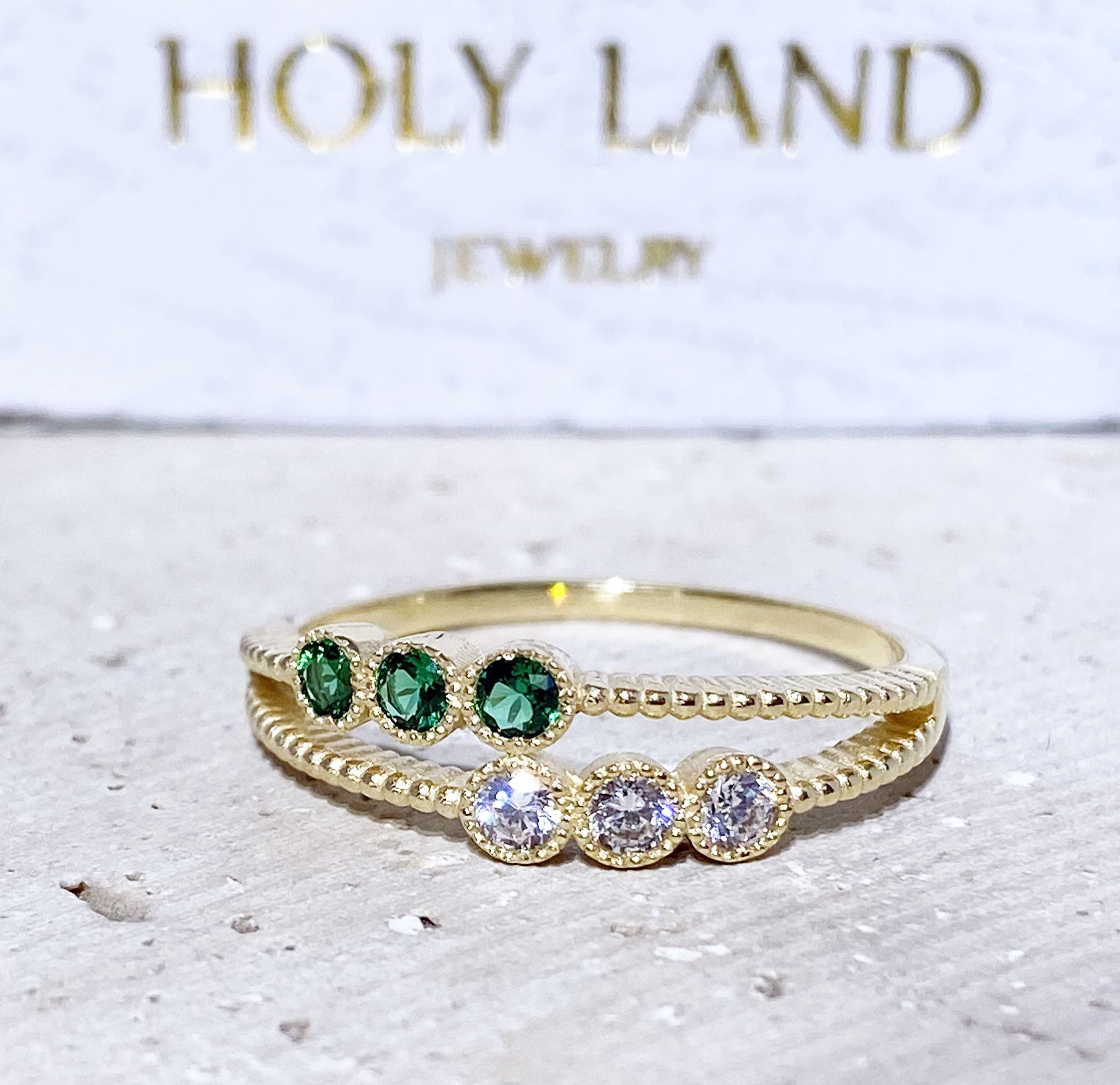 Round Emerald & Clear Quartz Six-Stone Stackable Dual Ring Set - H.L.Jewelry