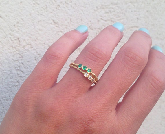 Round Emerald & Clear Quartz Six-Stone Stackable Dual Ring Set - H.L.Jewelry