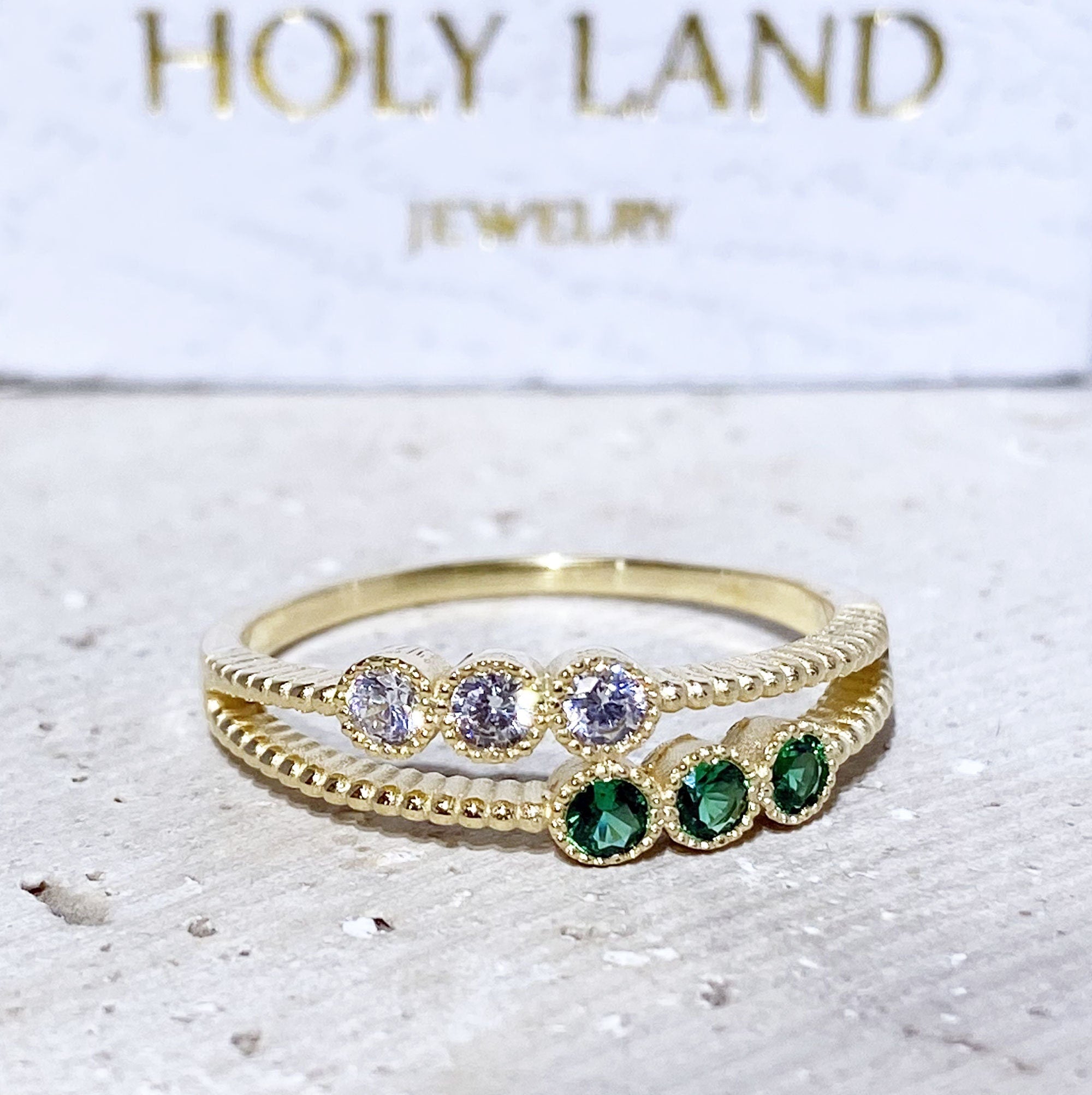 Round Emerald & Clear Quartz Six-Stone Stackable Dual Ring Set - H.L.Jewelry