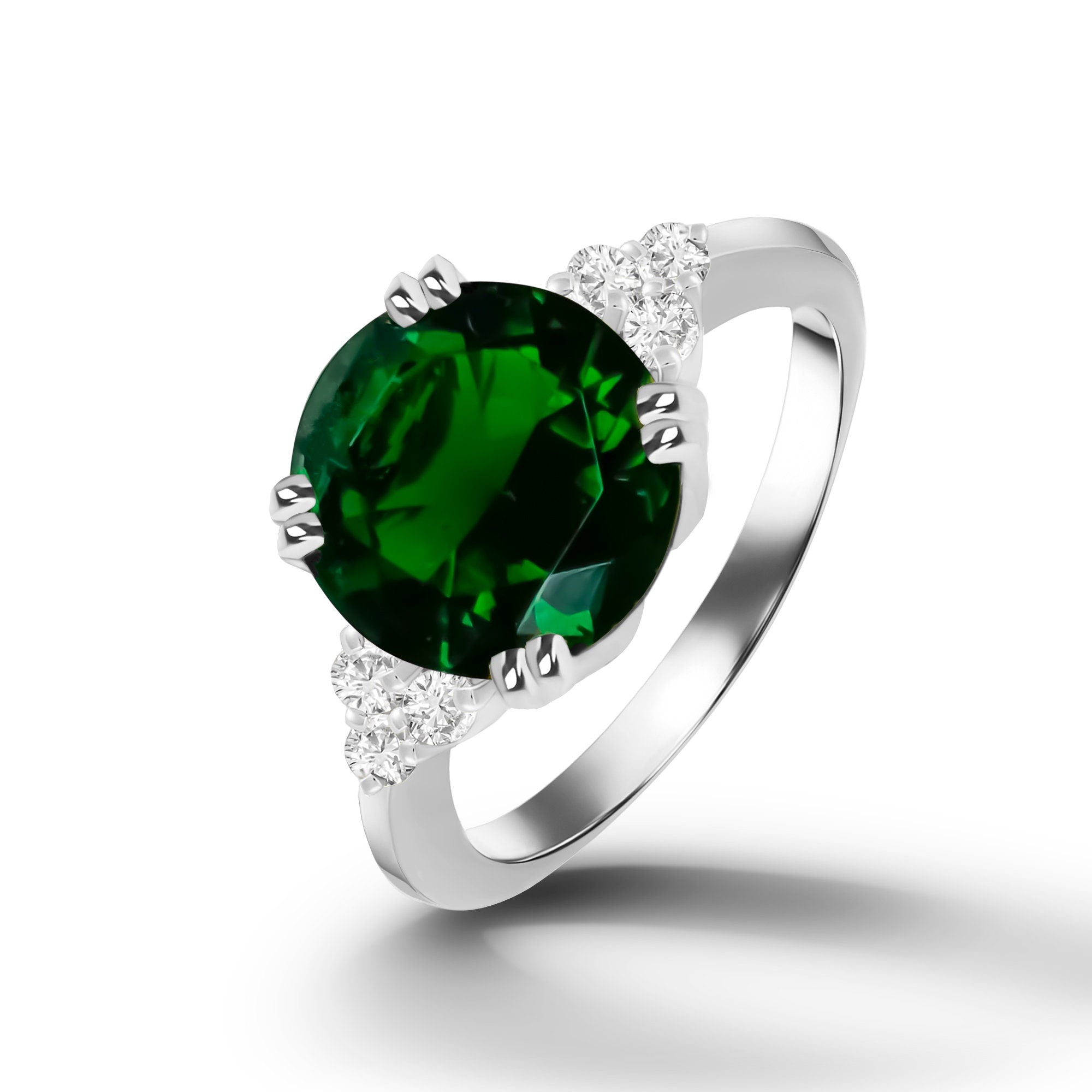 Round Emerald Engagement Ring with Clear Quartz Accents - H.L.Jewelry