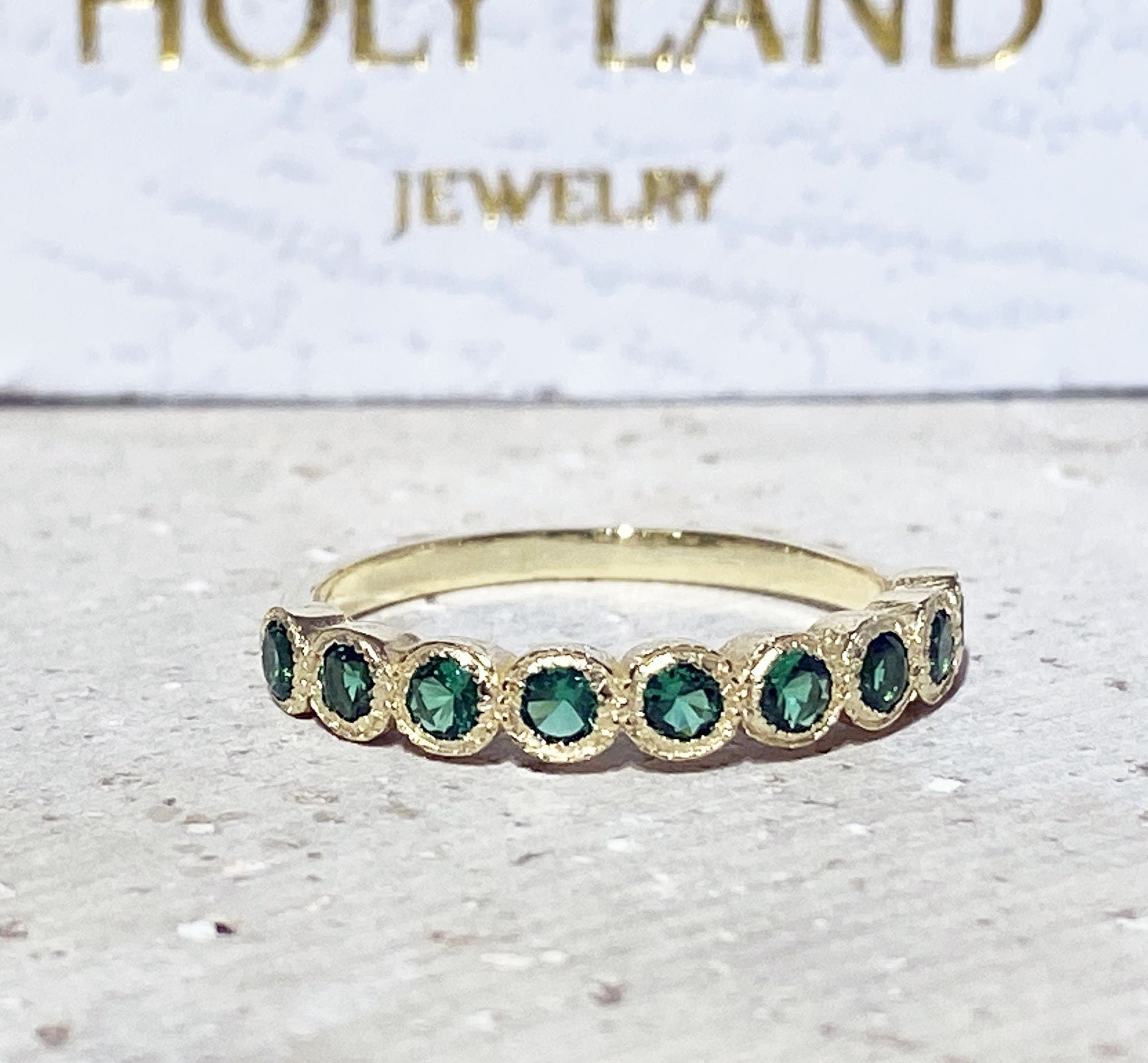 Round Emerald Nine Stone Stacking Half Eternity Bezel Ring - H.L.Jewelry