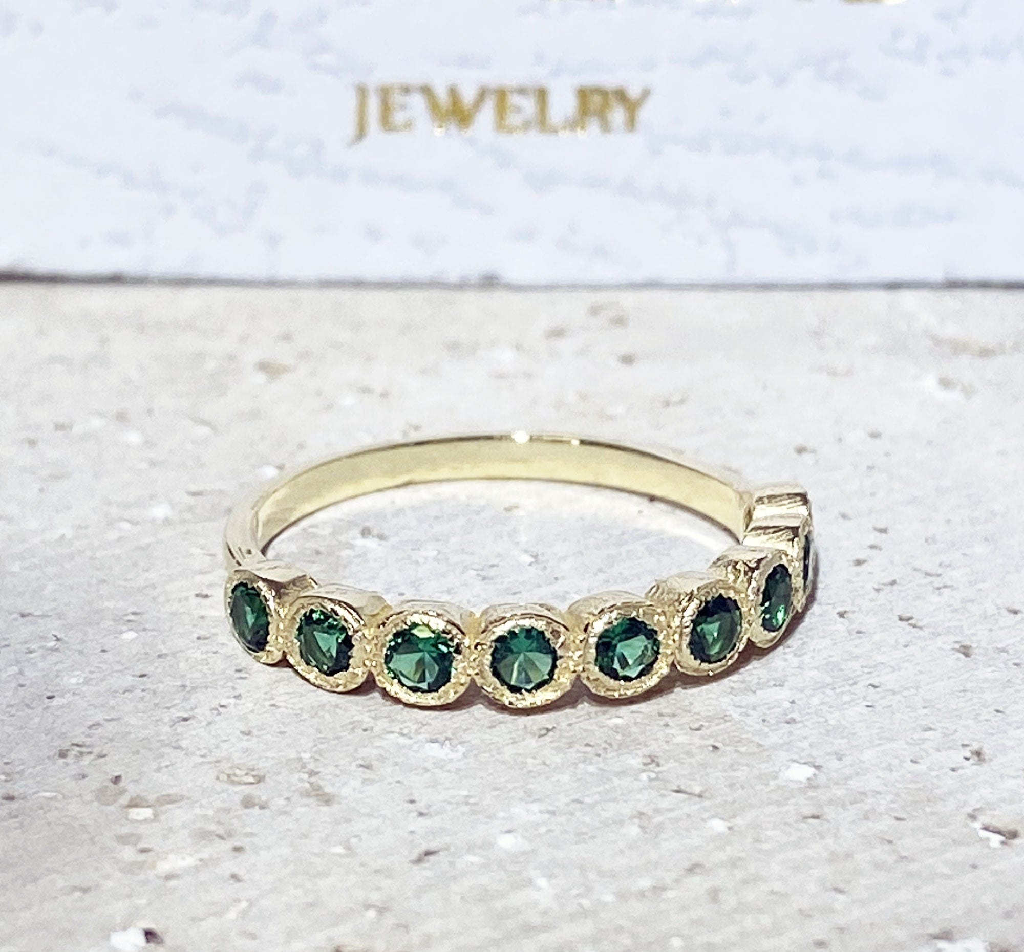 Round Emerald Nine Stone Stacking Half Eternity Bezel Ring - H.L.Jewelry