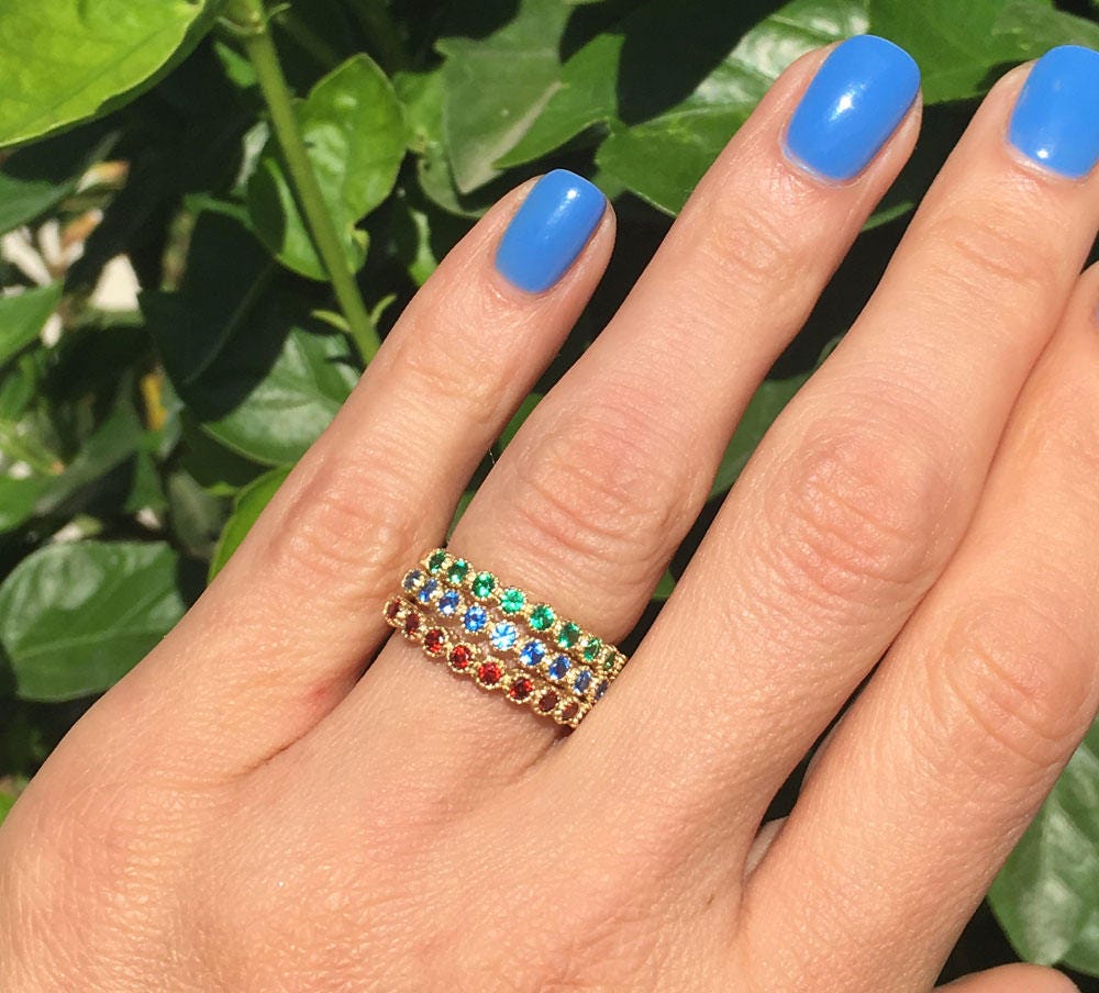 Round Emerald Nine Stone Stacking Half Eternity Ring - H.L.Jewelry