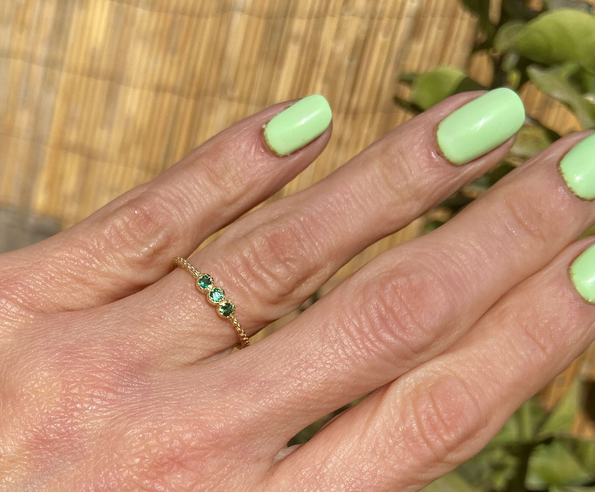 Round Emerald Three Stone Simple Stackable Ring - H.L.Jewelry