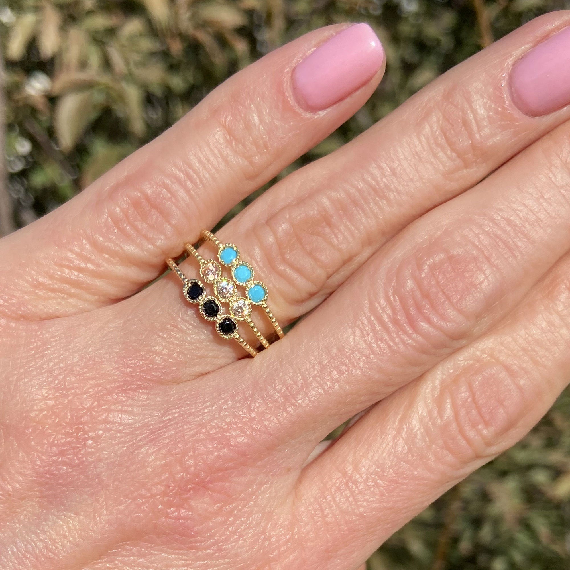 Round Emerald Three Stone Simple Stacking Ring - H.L.Jewelry