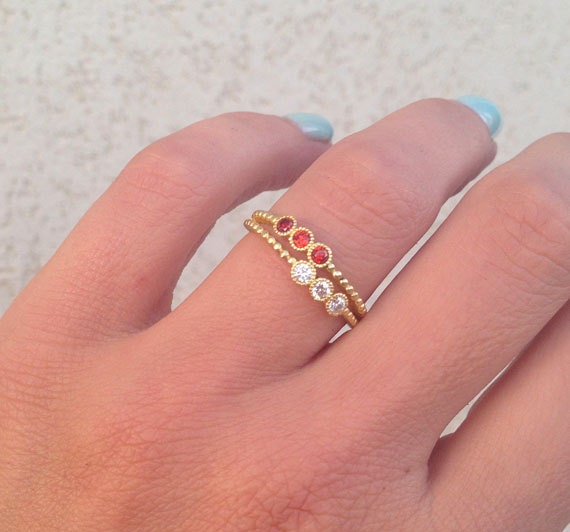 Round Garnet & Clear Quartz Six-Stone Stackable Dual Ring Set - H.L.Jewelry