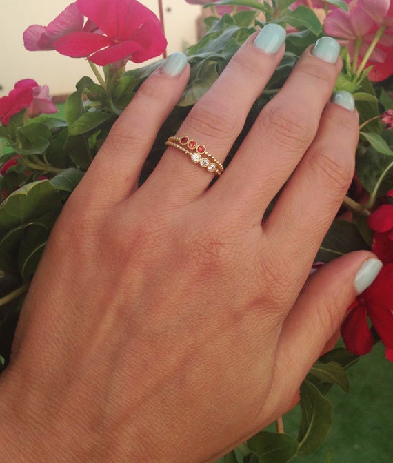 Round Garnet & Clear Quartz Six-Stone Stackable Dual Ring Set - H.L.Jewelry