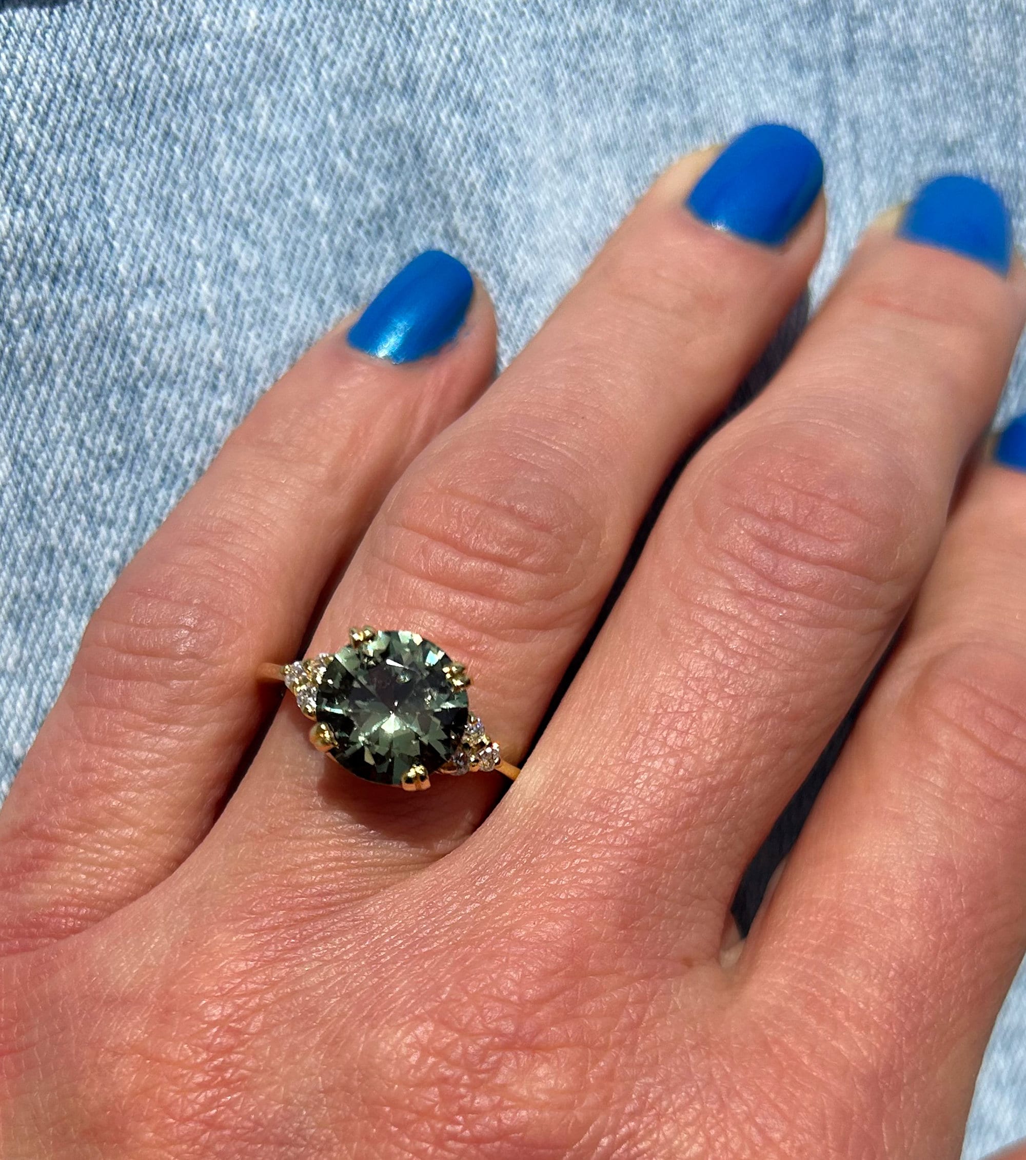 Round Green Tourmaline Engagement Ring with Clear Quartz Accents - H.L.Jewelry