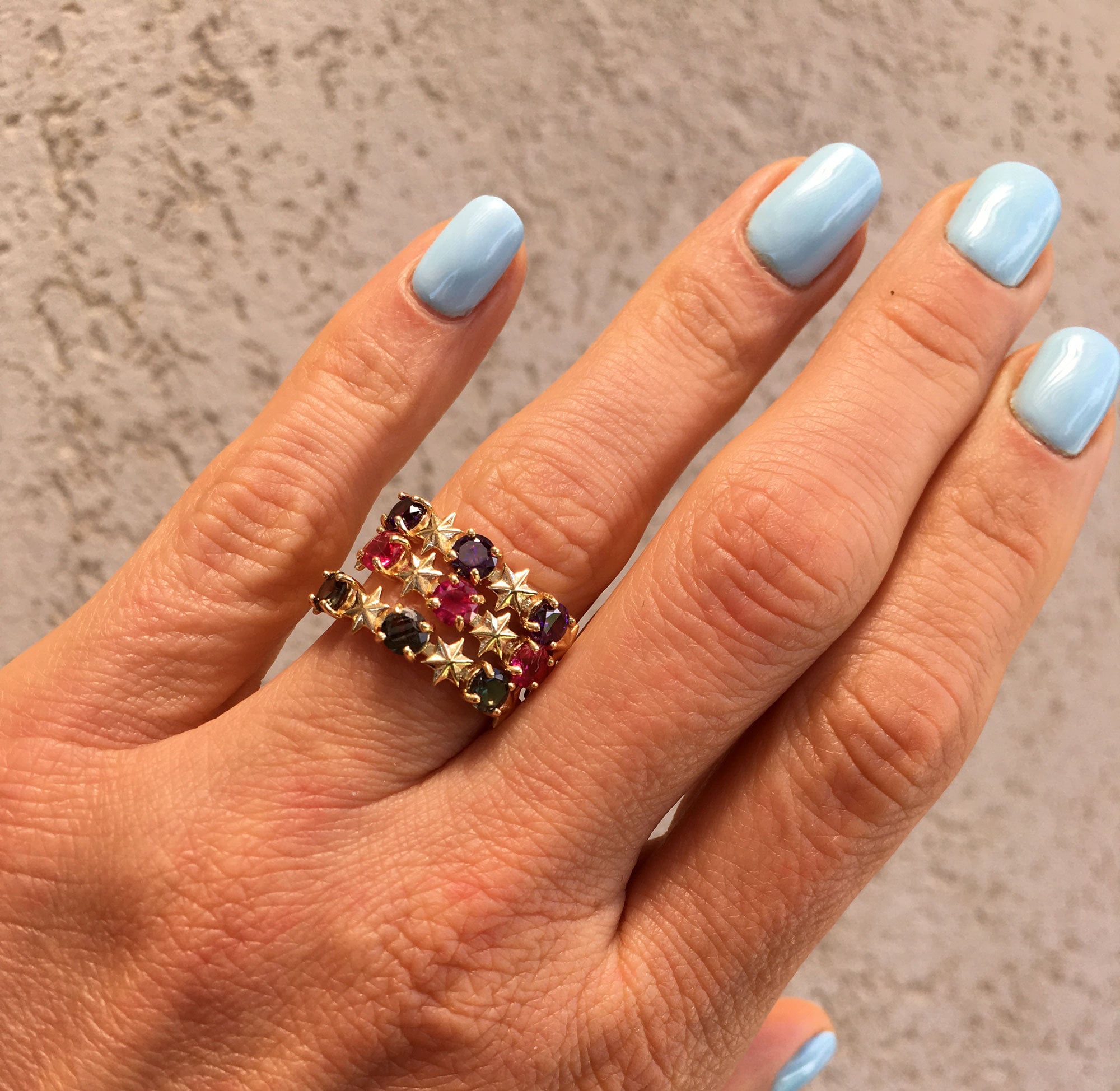 Round Green Tourmaline Three Stone Ring with Star Accents - H.L.Jewelry